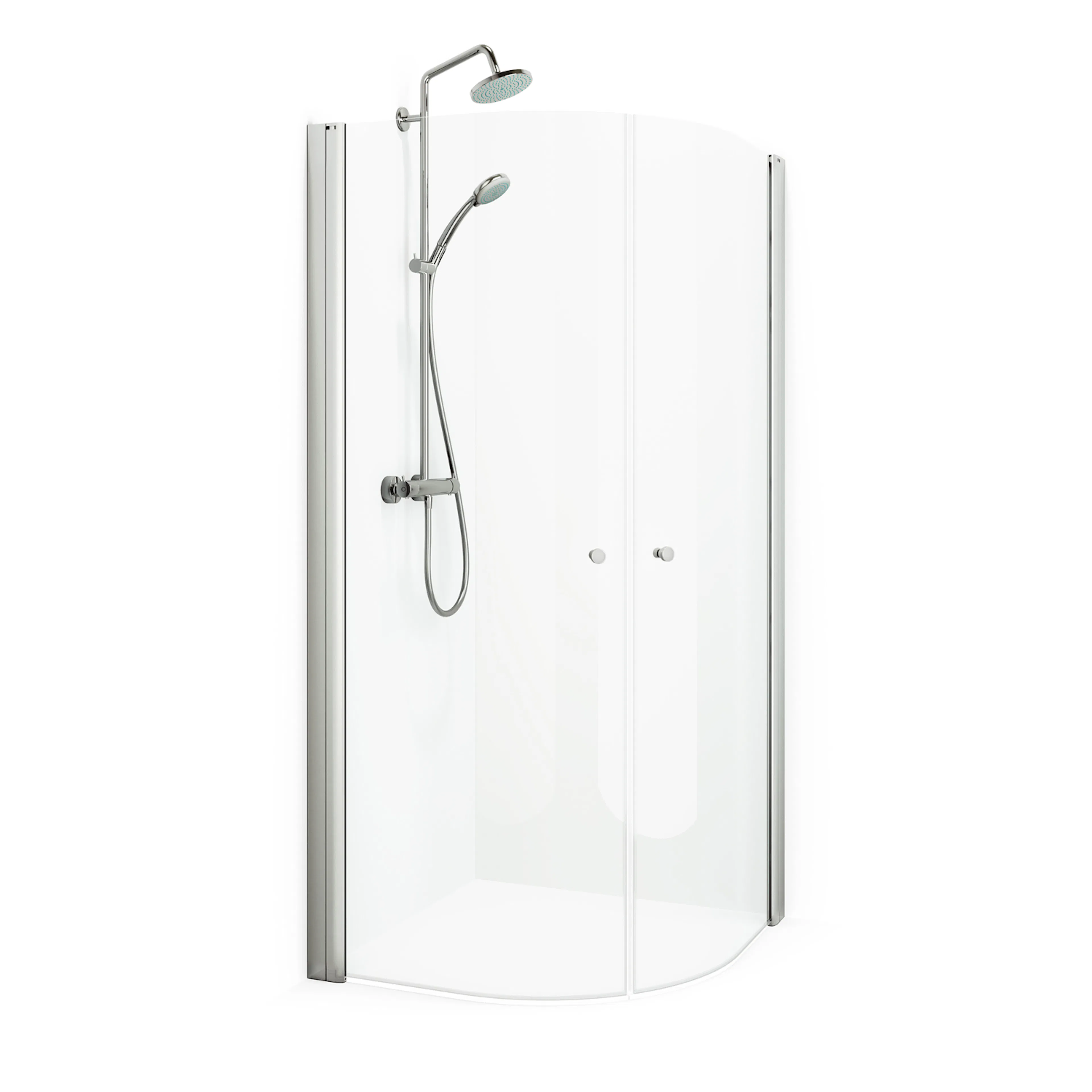 Spirit Rund 100x100 Ma Kl 1000x1000x1970 mm, Matt Aluminium, Klarglas med Knopp