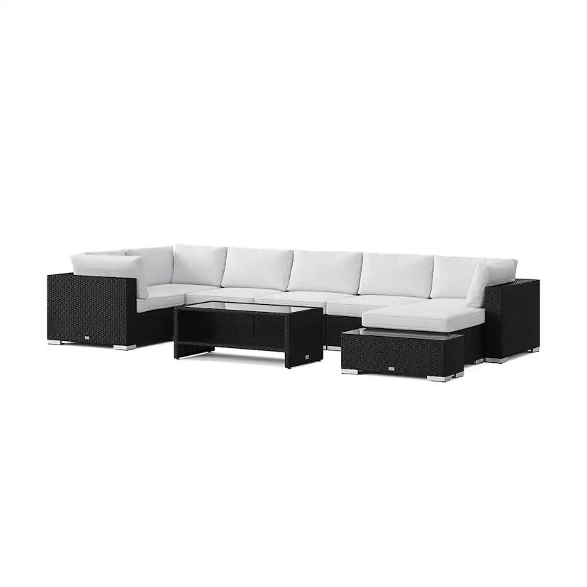 Loungegrupp Comfort Garden Bahamas utomhus U-soffa 7-sits vändbar divan med öppet avslut och bord med hylla