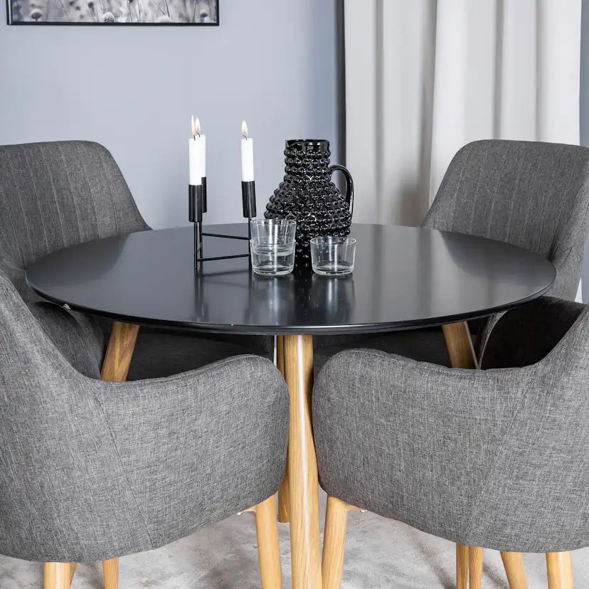 Plaza Round Table -Black / Oak+Comfort Chair-Dark Grey/Oak_4 Svart/Ek/Mörkgrå