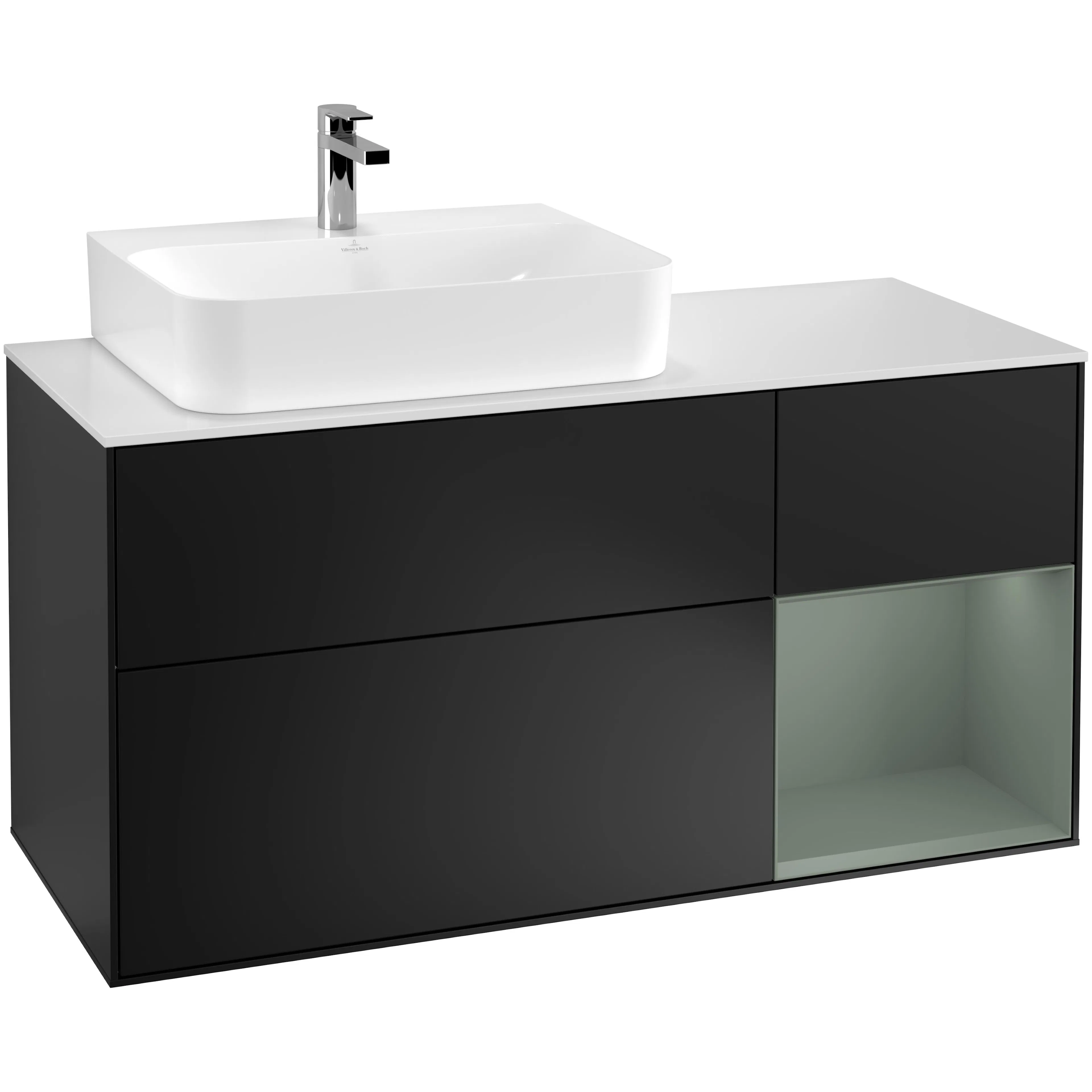 Tvättställsskåp Villeroy & Boch Finion F151GMPD Svart Mattlack/Oliv Mattlack med bänkskiva i Mattvitt glas, Lucka Höger