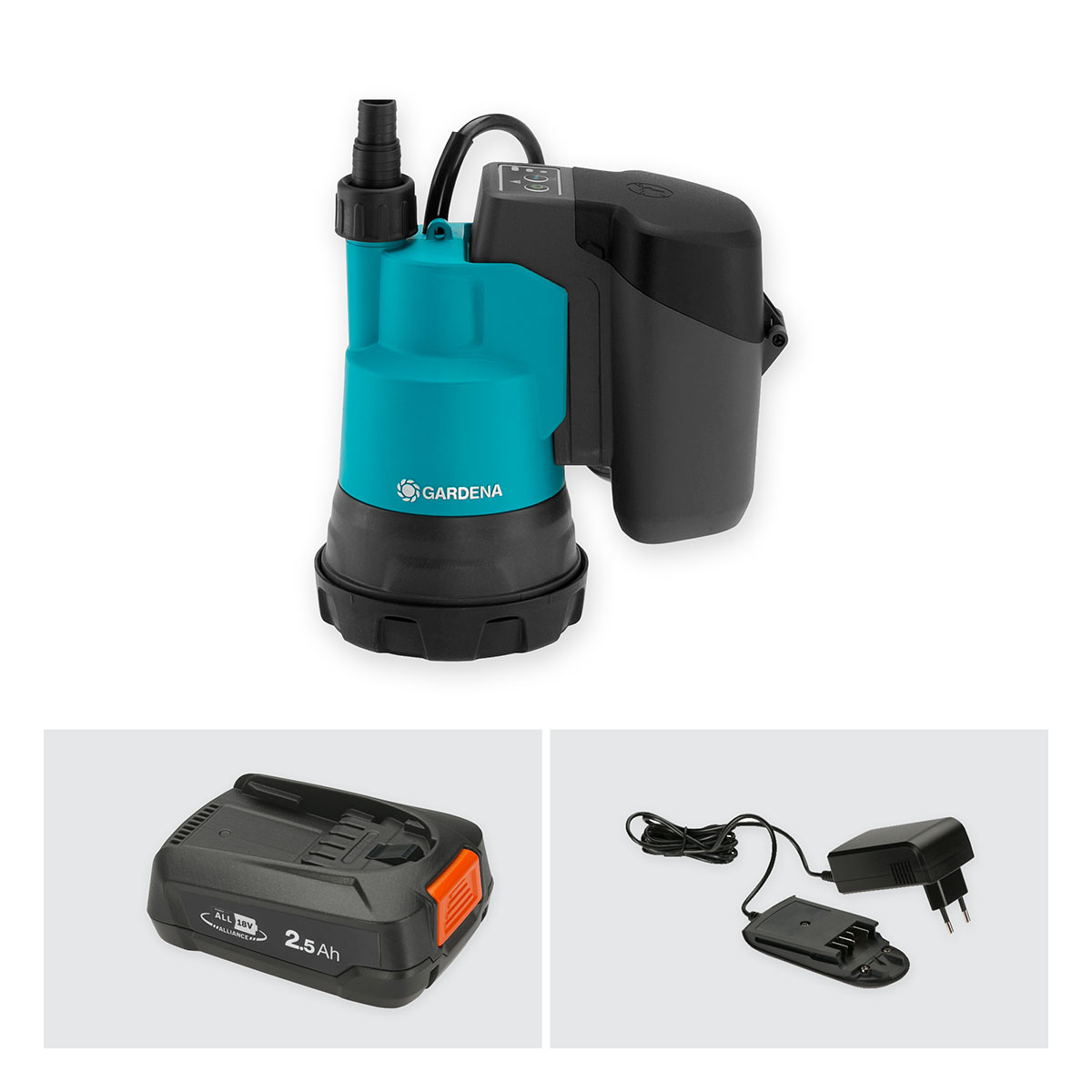 Dränkbar pump Gardena för Rent Vatten 2000/2 18V P4A Set (2,5Ah batteri + standardladdare)