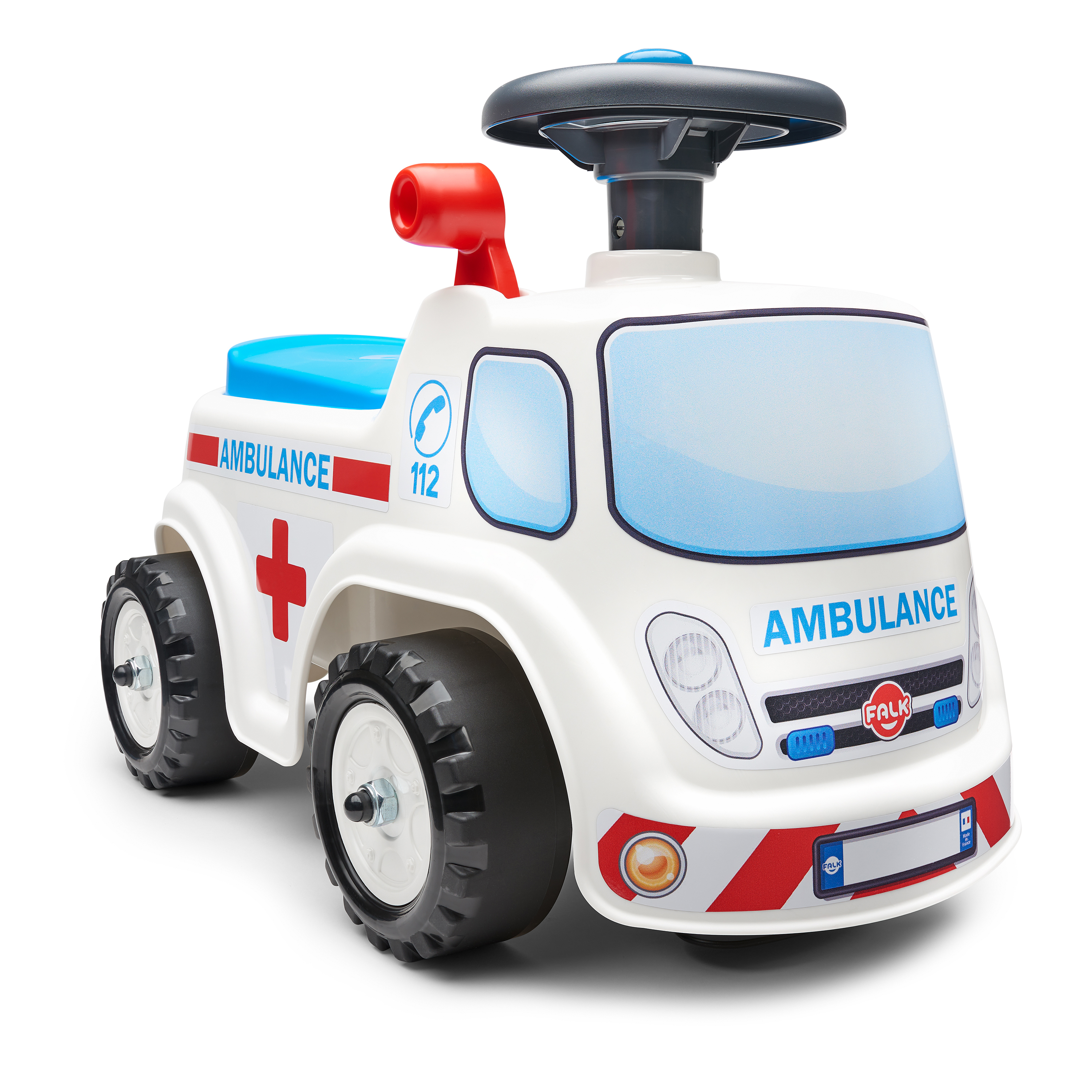 Sparkbil FALK Ambulance ride-on med förvaringsutrymme, ratt och tuta