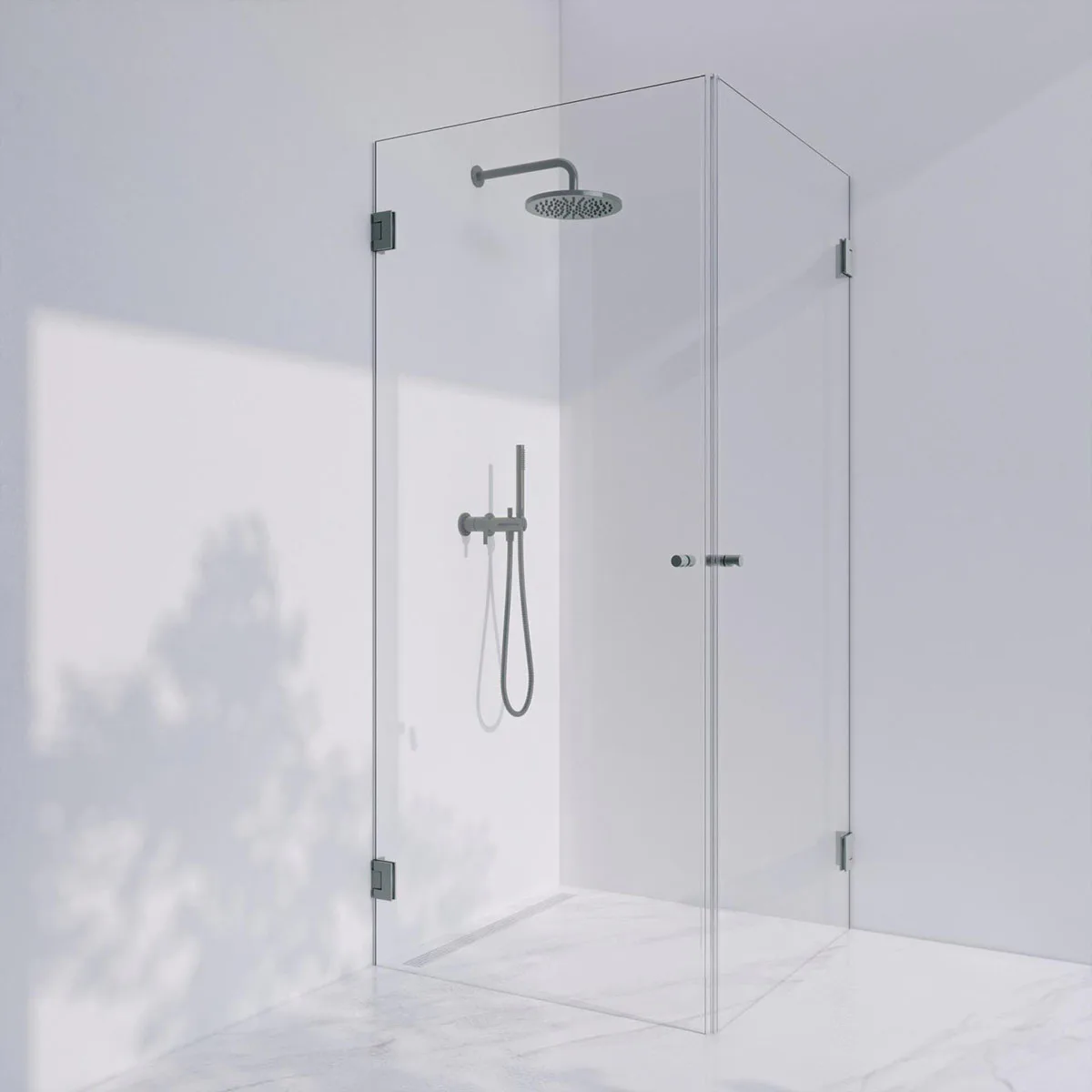 Invitrea Flair GH22/80x90/Frostad stål/Fingerhål/Linjeglas Storlek: 800x900 mm, Glastyp: Linjeglas, Profil: Frostad stål, Handtag: Fingerhål