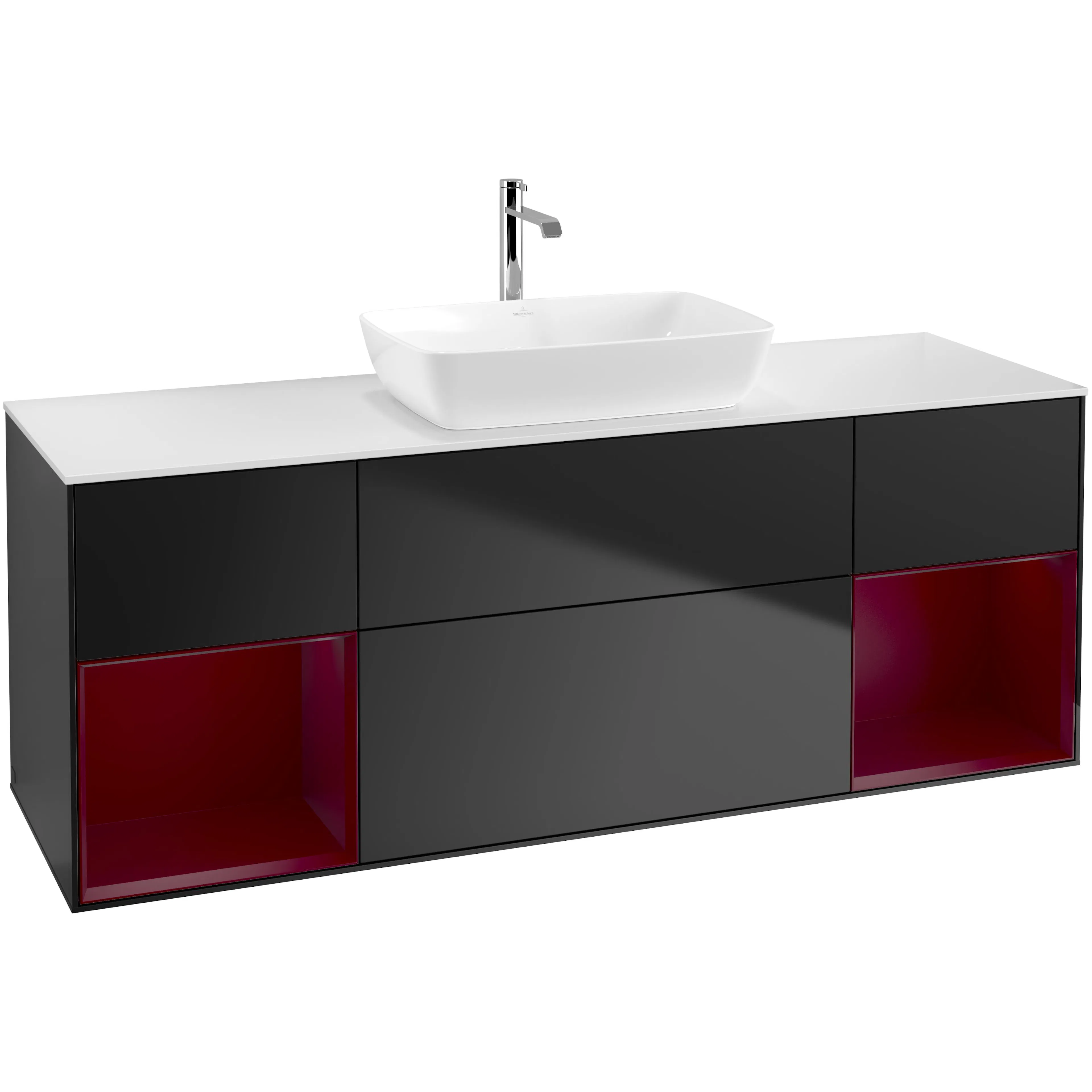 Tvättställsskåp Villeroy & Boch Finion F861HBPD Svart Mattlack/Pion Mattlack med bänkskiva i Mattvitt glas Med Blandarhål utan Väggbelysning