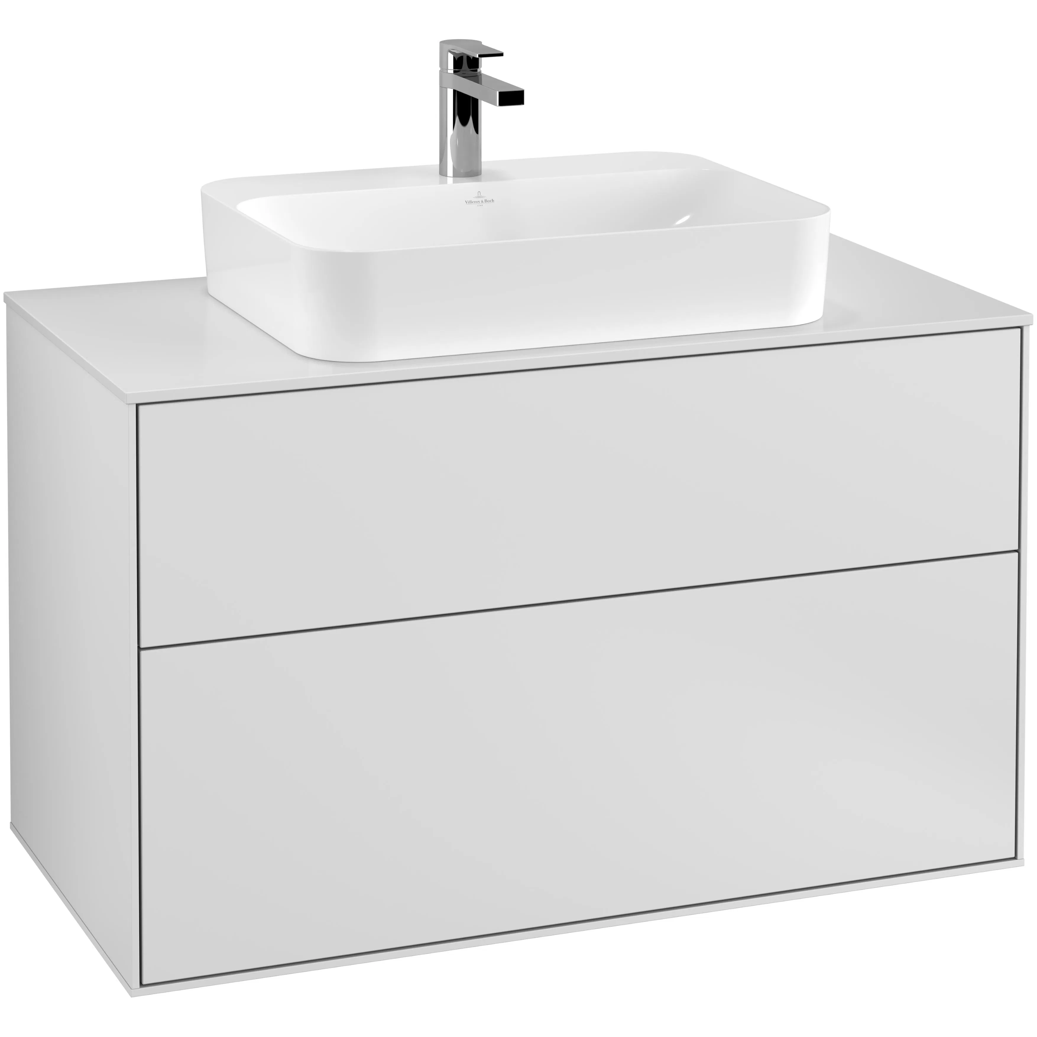 Tvättställsskåp Villeroy & Boch Finion G35100MT Vit Mattlack, B: 1000 mm med bänkskiva i Mattvitt glas med Väggbelysning