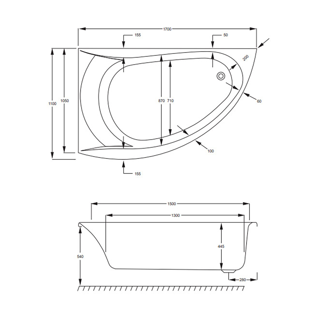 Omega hörnkar 1700x1050mm med Carronite® Vänster, Carronite®
