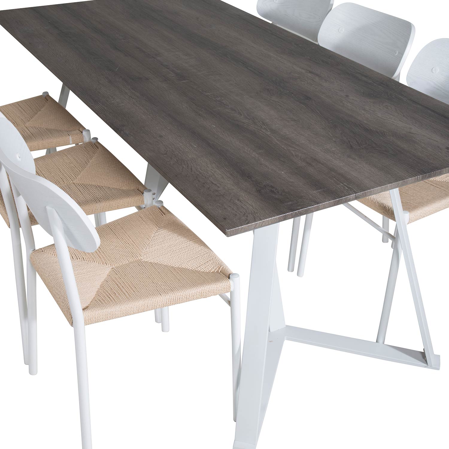 Marina Table -grå"oak"/Polly Chair - Nature / White_6 Grå/Vit/Natur