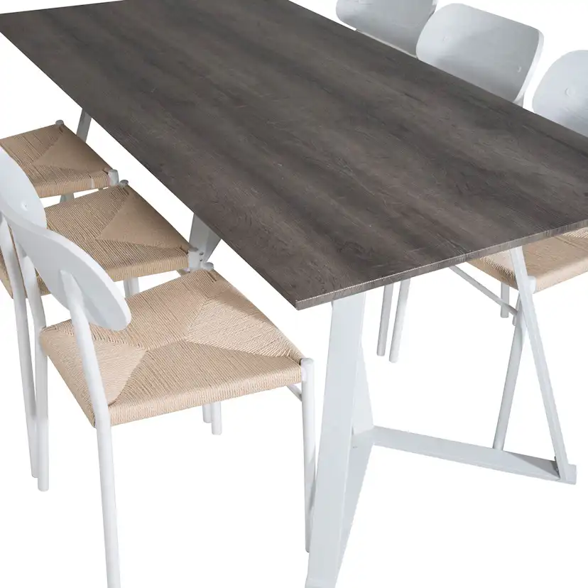 Marina Table -grå"oak"/Polly Chair - Nature / White_6 Grå/Vit/Natur