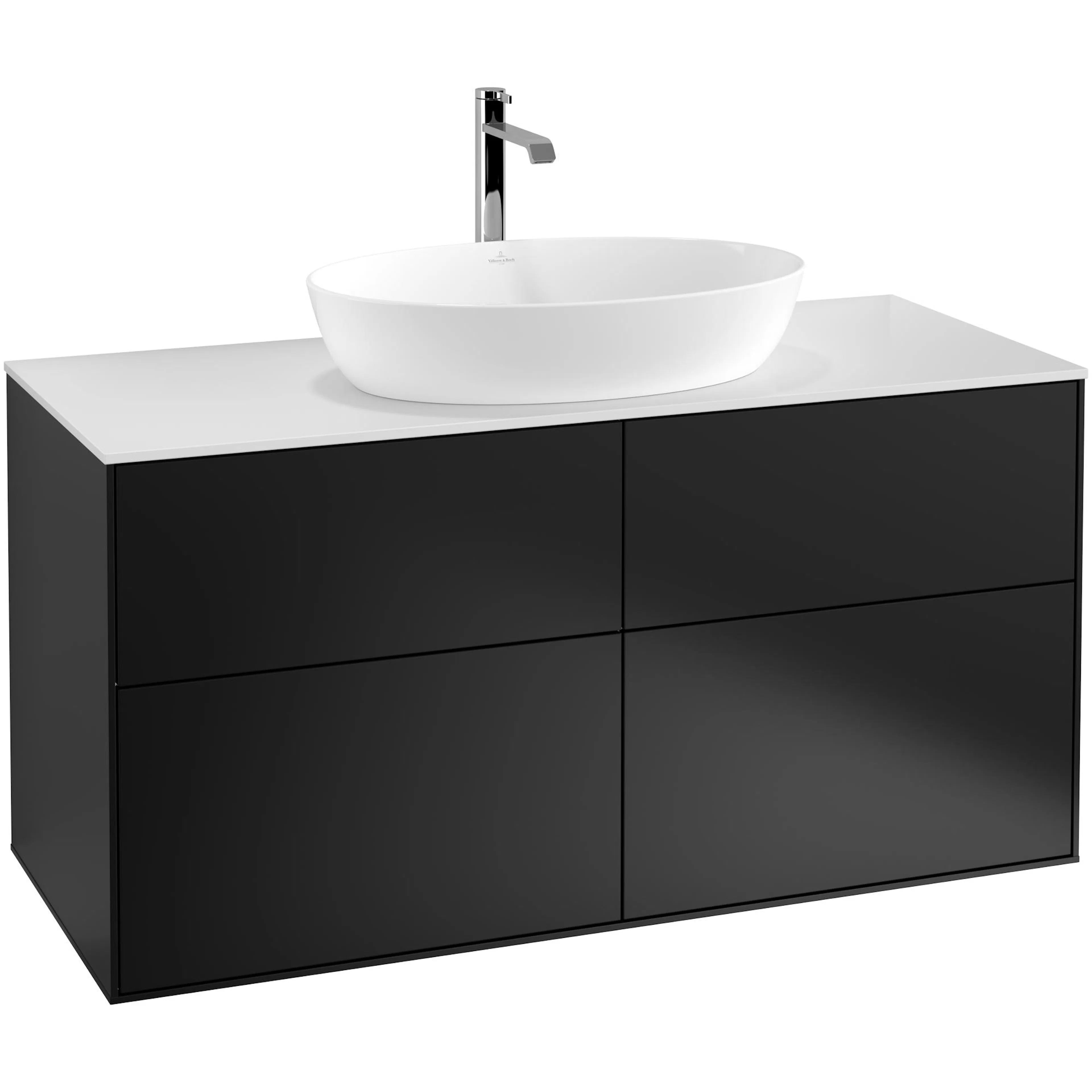 Tvättställsskåp Villeroy & Boch Finion G79100PD Svart Mattlack B: 1200 mm med bänkskiva i Mattvitt glas med Väggbelysning Med Blandarhål