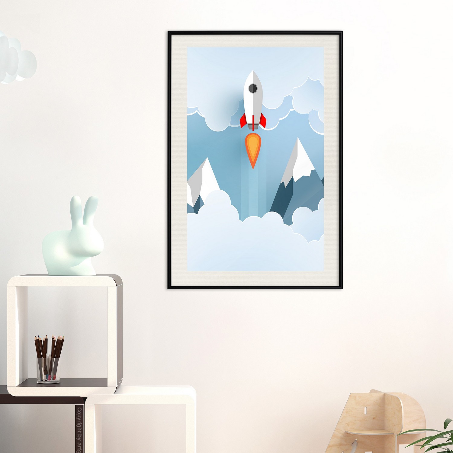 Affisch - Rocket in the Clouds [Poster] 30x45 Svart ram med passepartout, 30x45 cm