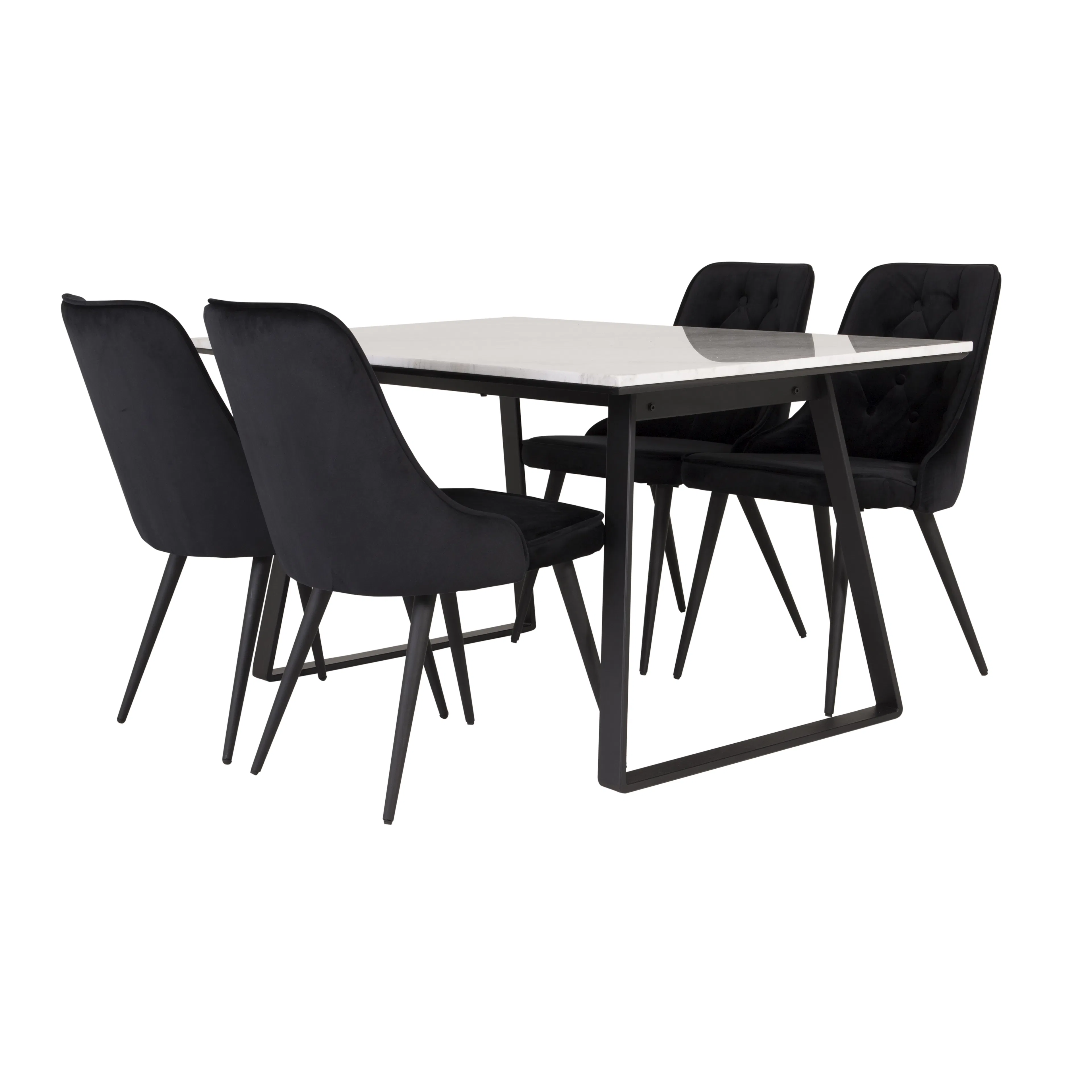 EstelleBord140*90-VitMarble/Black+DeluxeStol-Black/Black4 Vit Bord med Svarta Ben, Svart Stol med Svarta Ben