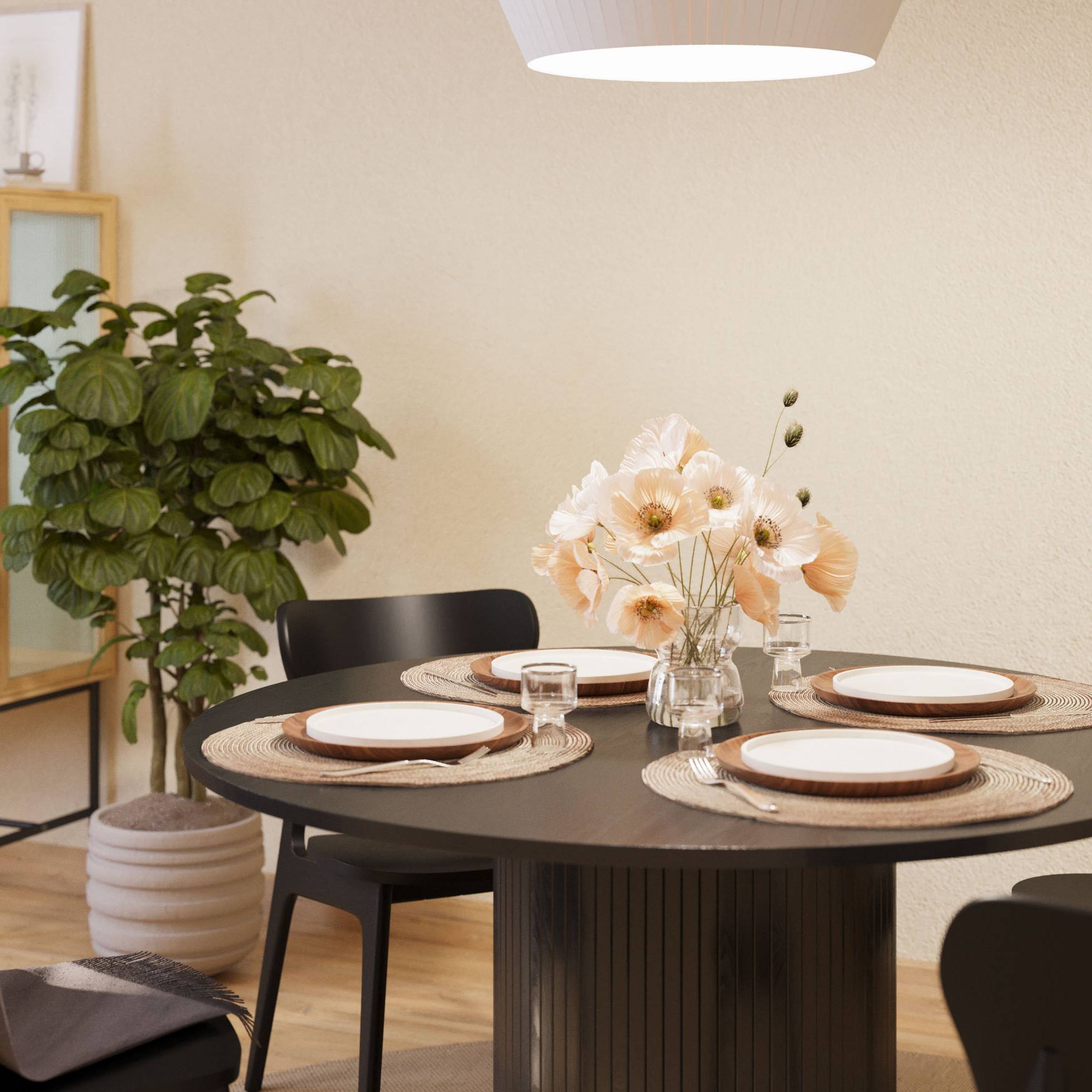 Matgrupp Bark Kopparbo Runt Matbord 130-180 cm Förlängningsbartt med 4Jerup Matstol