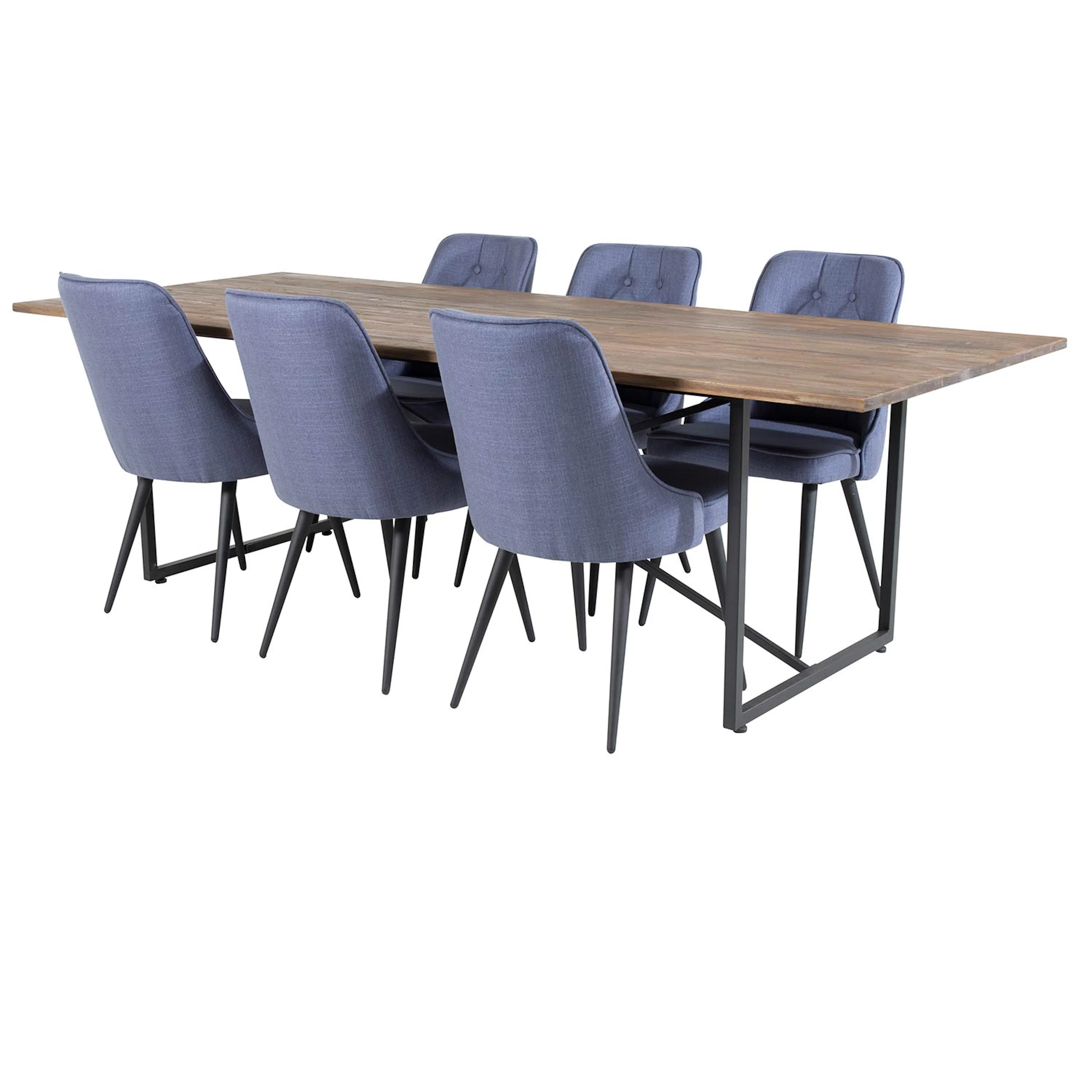 Padang Table - Dark Teak-Black+Velvet Chair- Blue Fabric_6 Teak/Blå