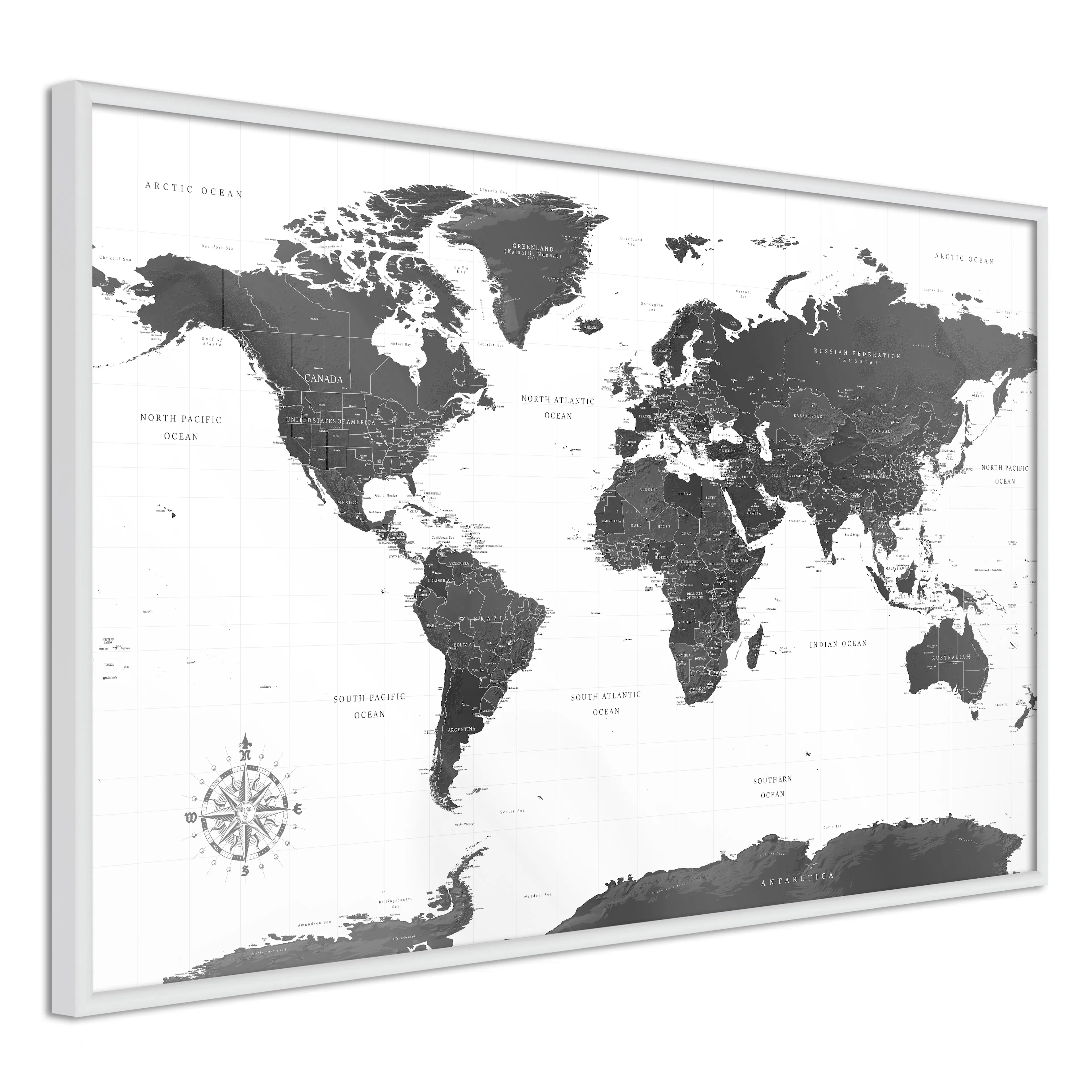 Affisch - Monochrome Map [Poster] 90x60 Vit ram, 90x60 cm