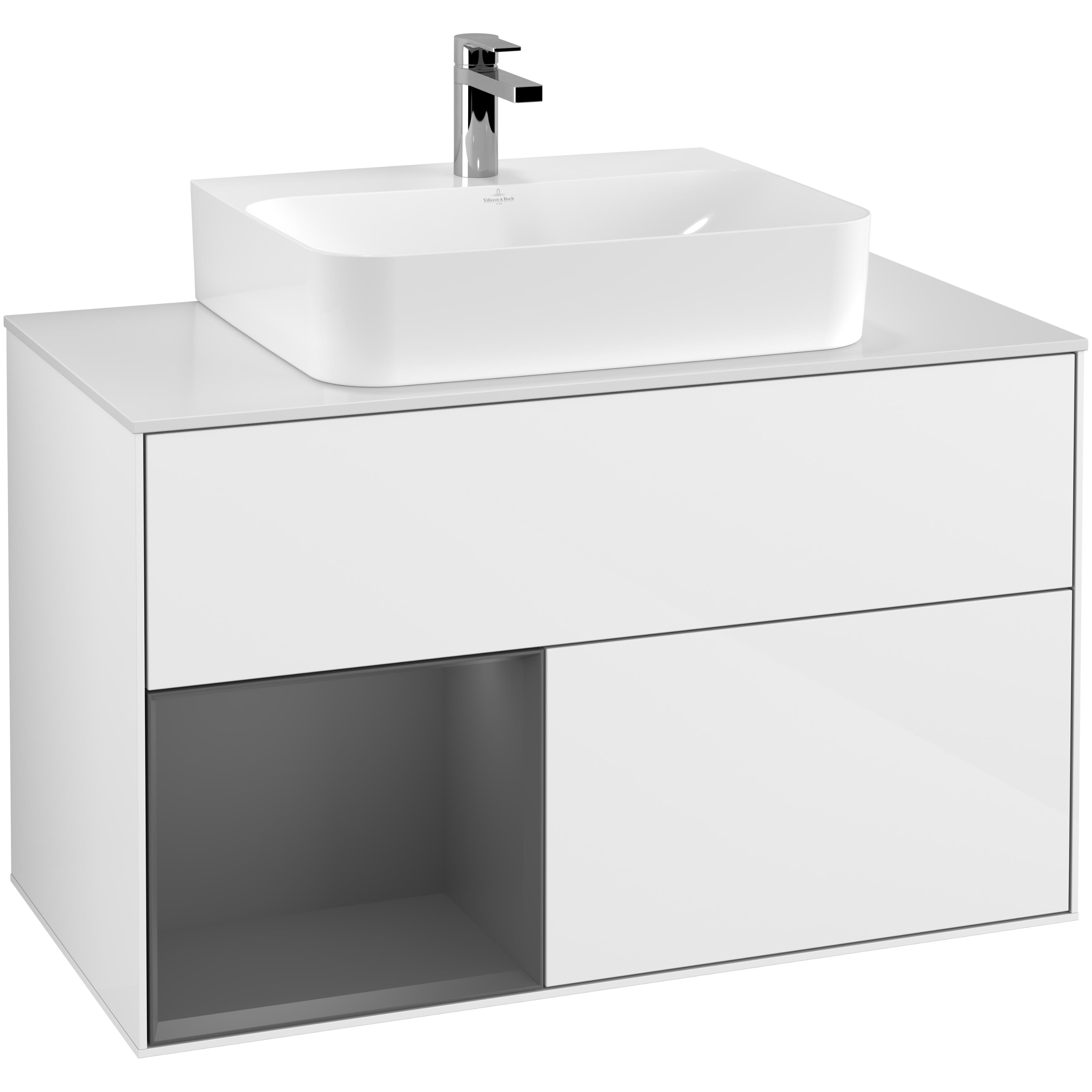 Tvättställsskåp Villeroy & Boch Finion G111GKGF Vit Högblank/Antracitgrå Mattlack med bänkskiva i Mattvitt glas med Väggbelysning, Lucka Vänster