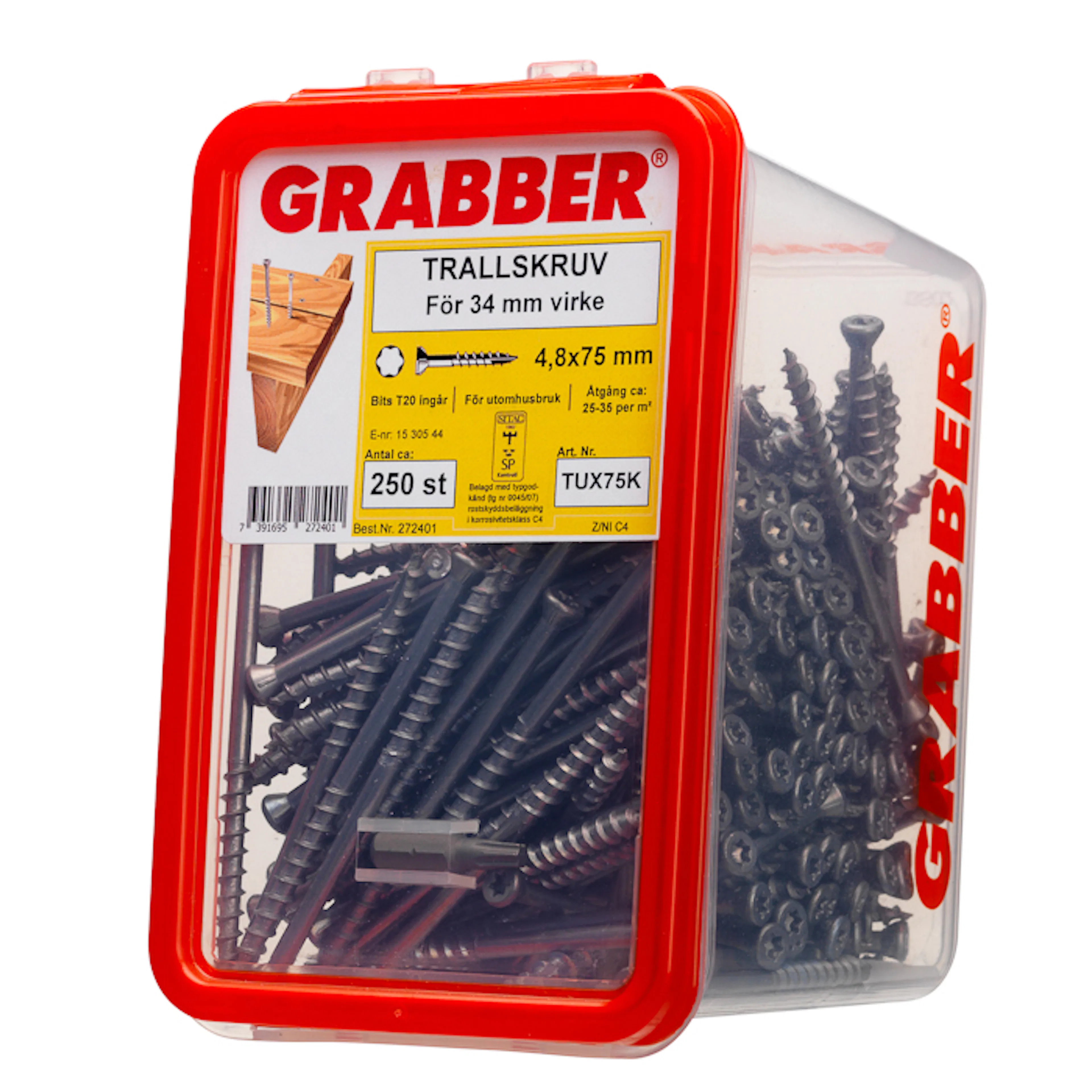 TRALLSKRUV 4,8 X 75 C4 250 ST Trallskruv Grabber TUX C4, 4,3 X 58
