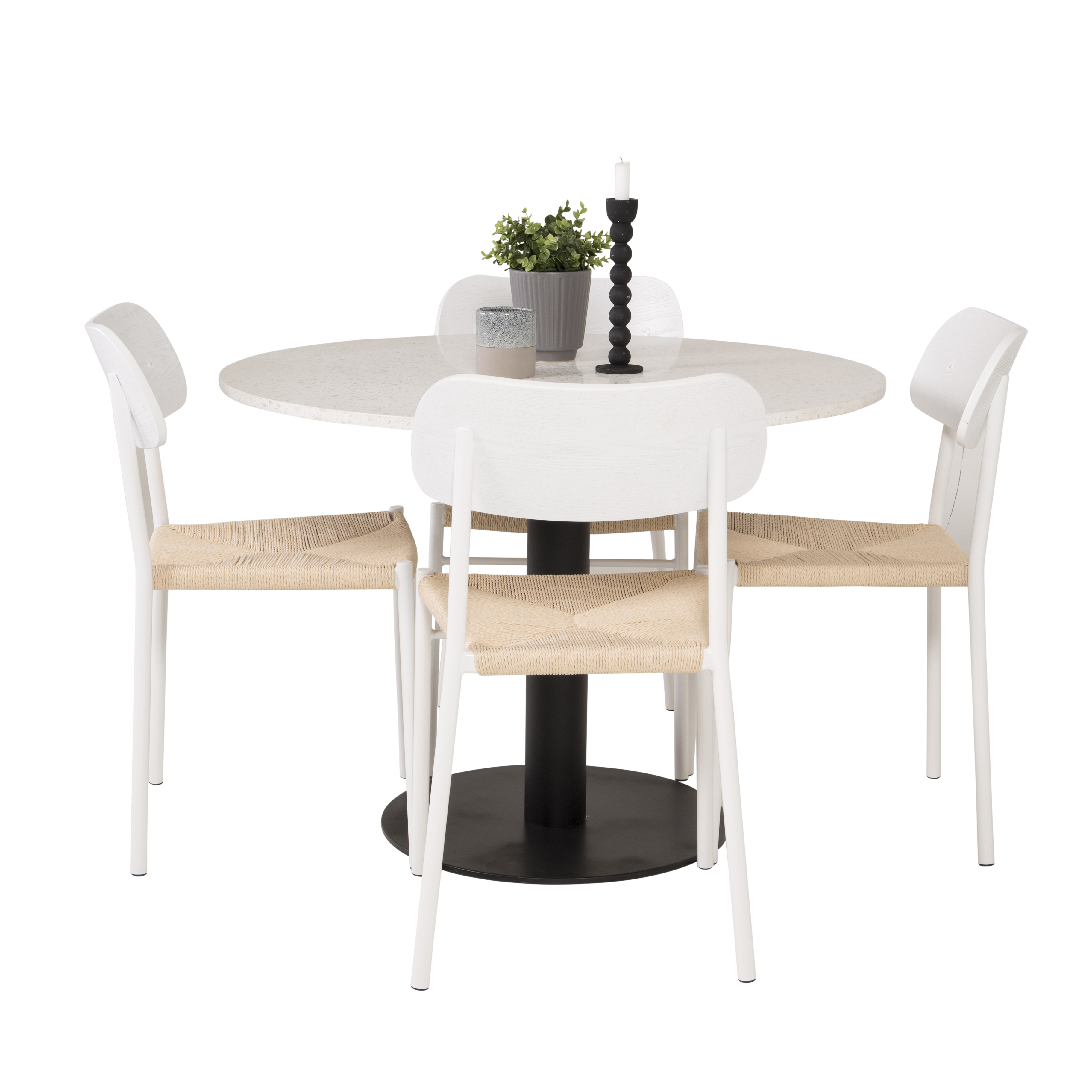 RazziaBord106cm-VitTerazzo/Black+PollyStol-Vit/Nature4 Vit Bord med Svarta Ben, Beige Stol med Vita Ben