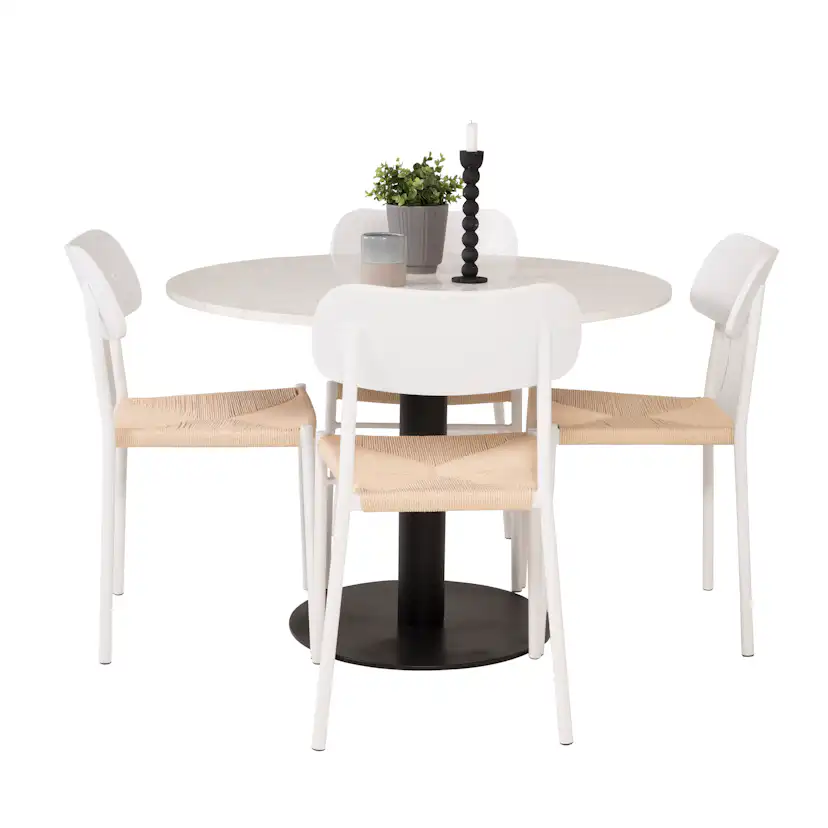 RazziaBord106cm-VitTerazzo/Black+PollyStol-Vit/Nature4 Vit Bord med Svarta Ben, Beige Stol med Vita Ben