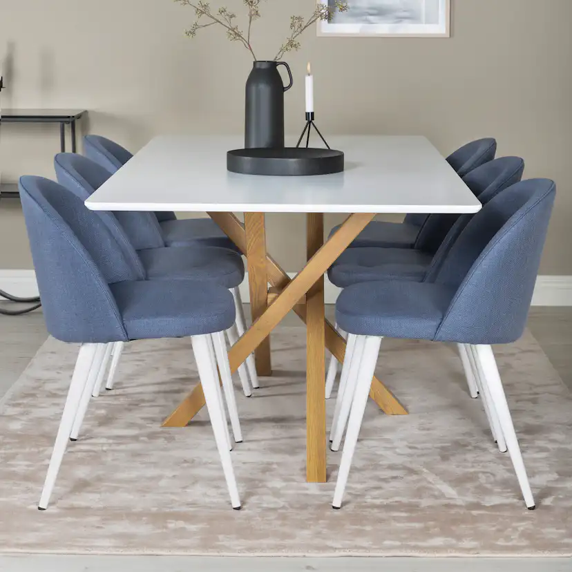 Piazza Dining Table 180x90 cm+Velvet Dining Chair Vit/Ek/Blå