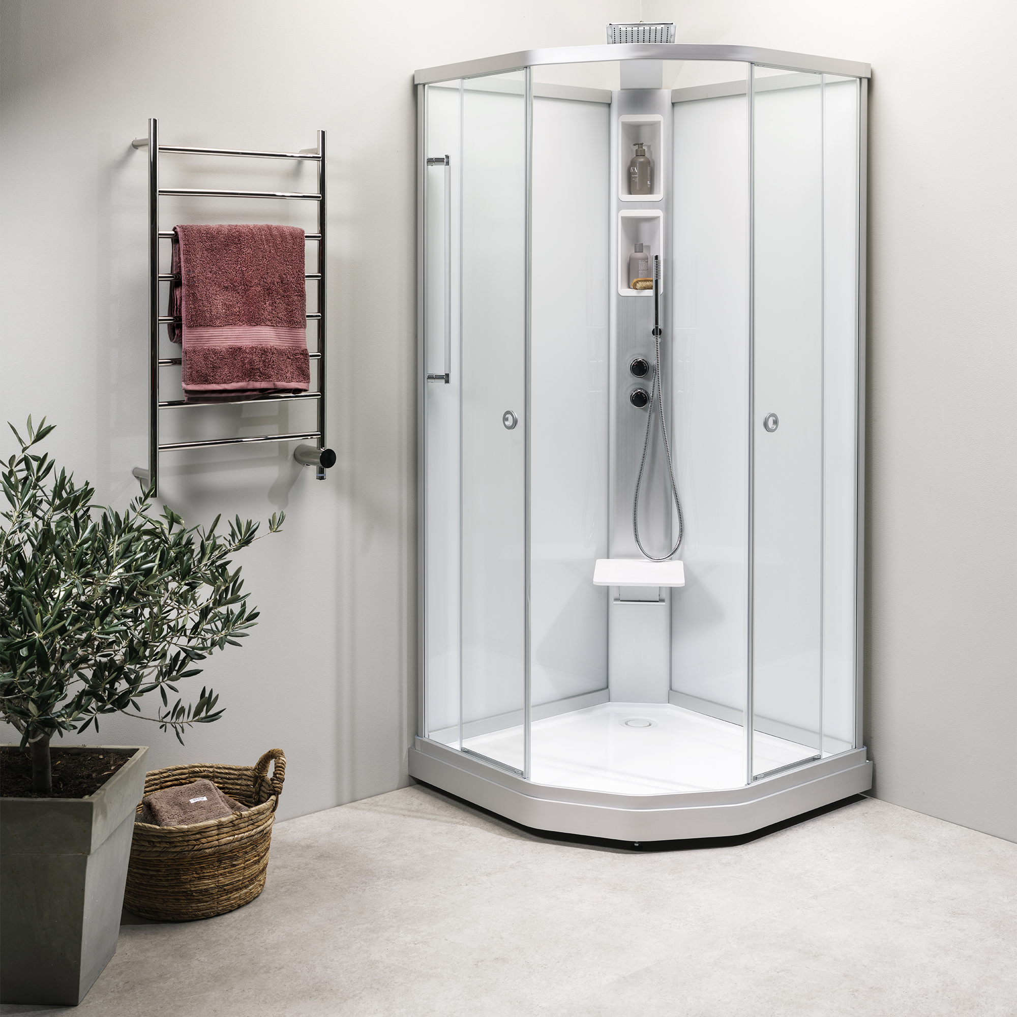 Flow kabin Semi Infälld Bland 91x81 Svart Klar/Vit bakvägg 910x810 mm, Svart Profil, Klarglas/Vit bakvägg