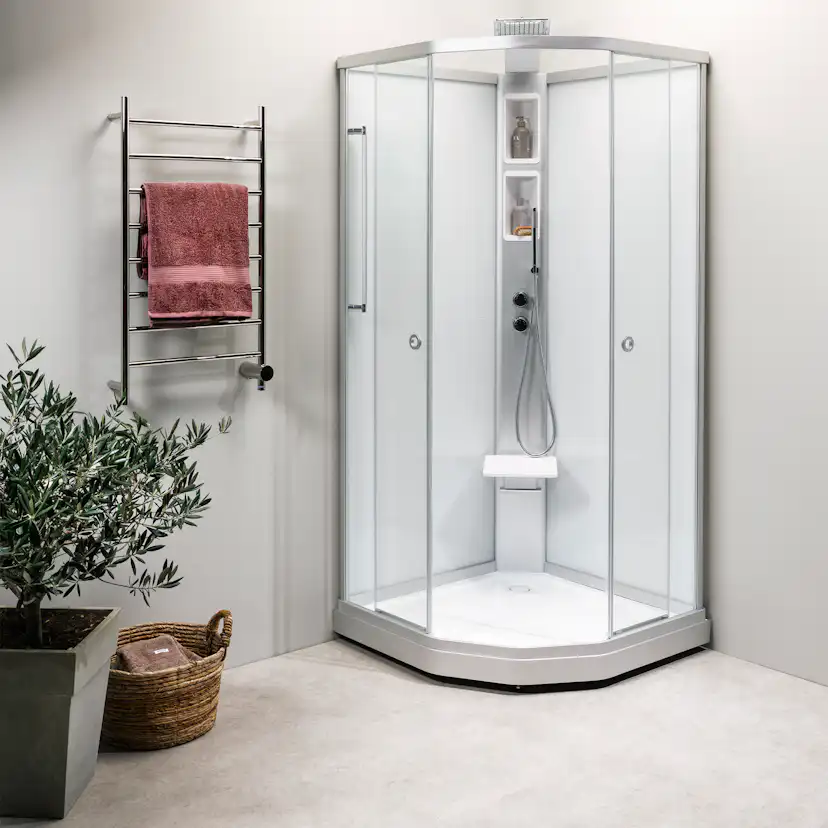 Flow kabin Semi Infälld Bland 91x81 Svart Klar/Vit bakvägg 910x810 mm, Svart Profil, Klarglas/Vit bakvägg