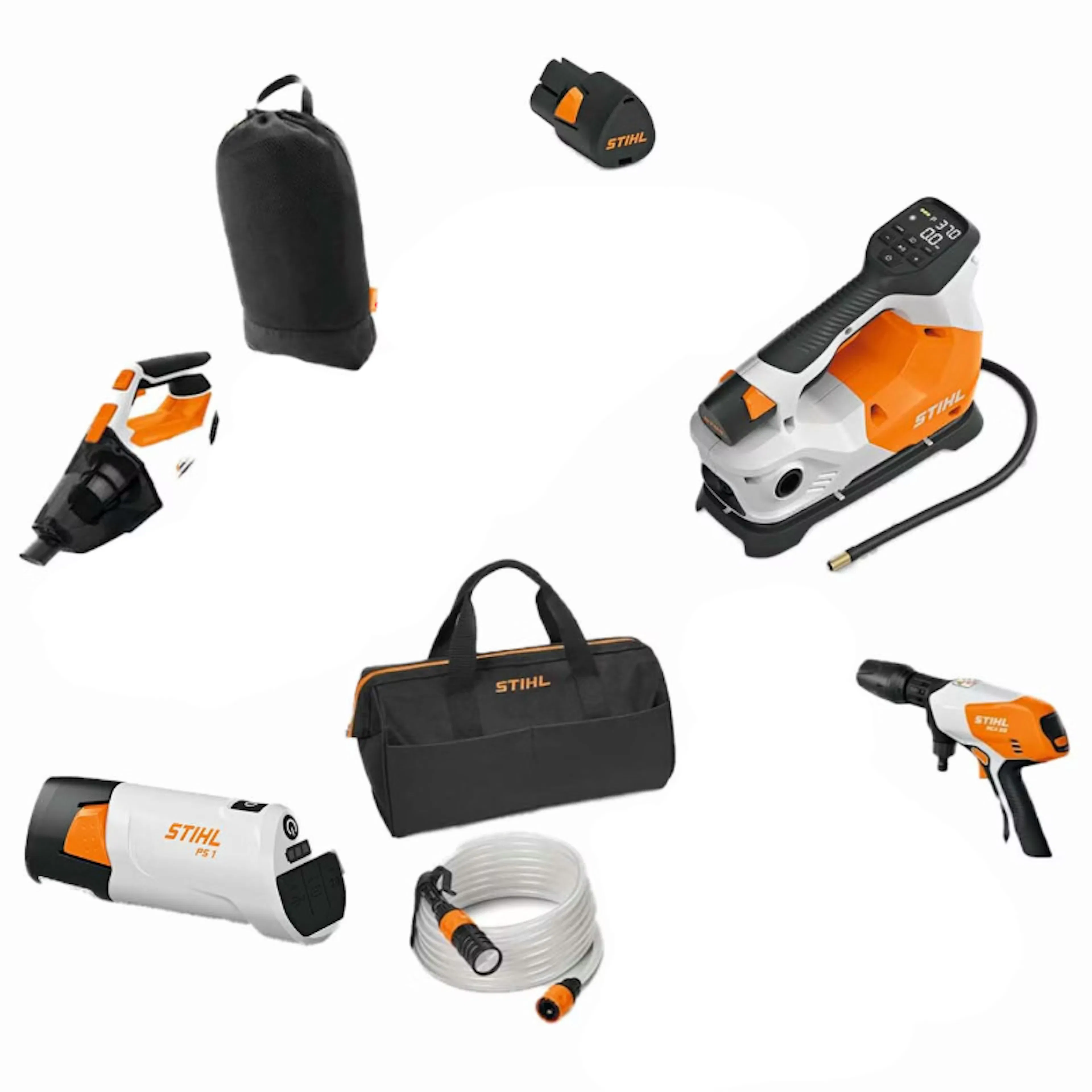 Paket STIHL Handdammsugare Högtryckstvätt Kompressor Powerbank Med Batteri & Laddare
