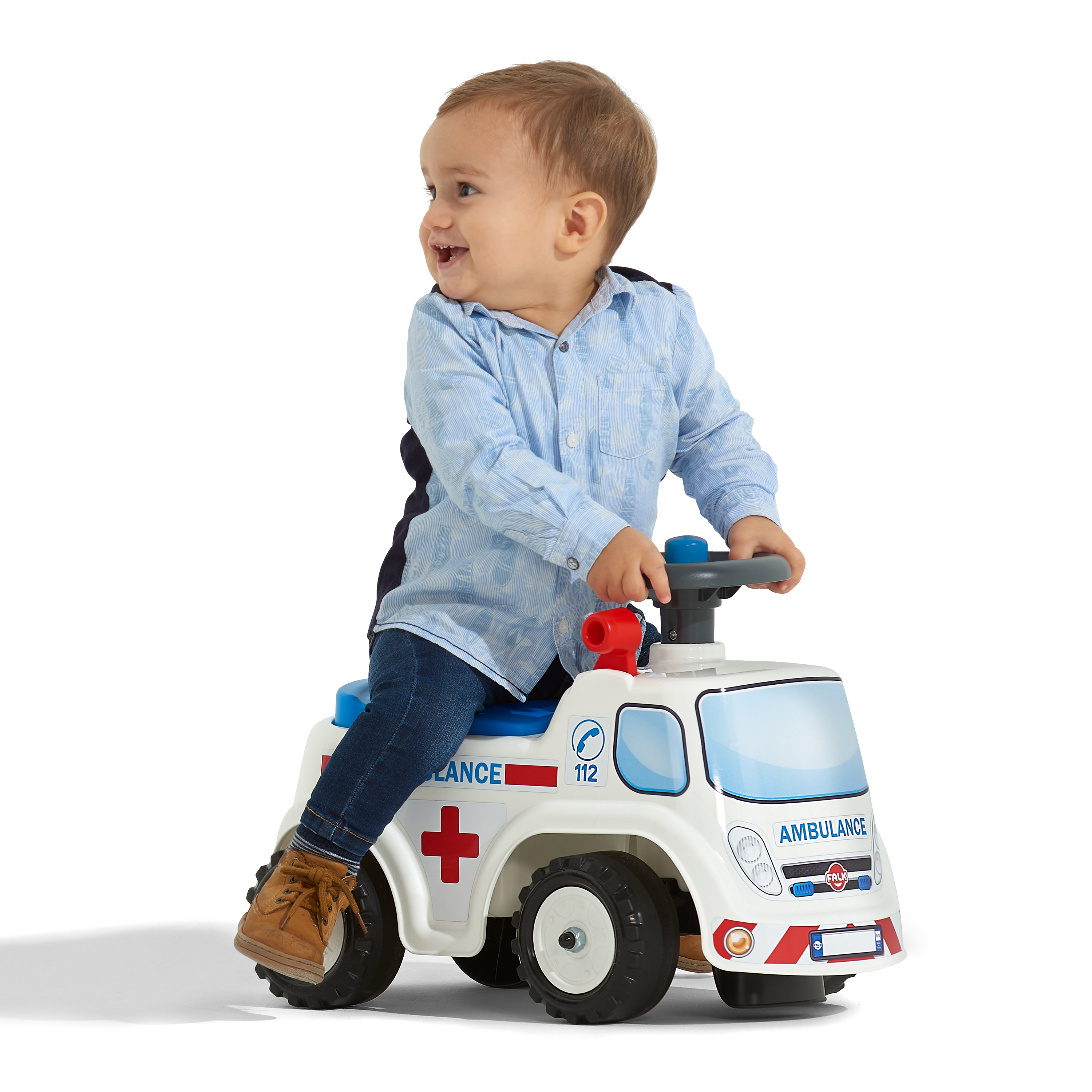 Sparkbil FALK Ambulance ride-on med förvaringsutrymme, ratt och tuta