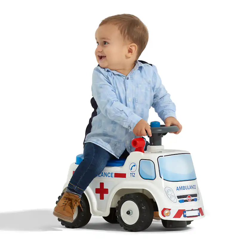 Sparkbil FALK Ambulance ride-on med förvaringsutrymme, ratt och tuta