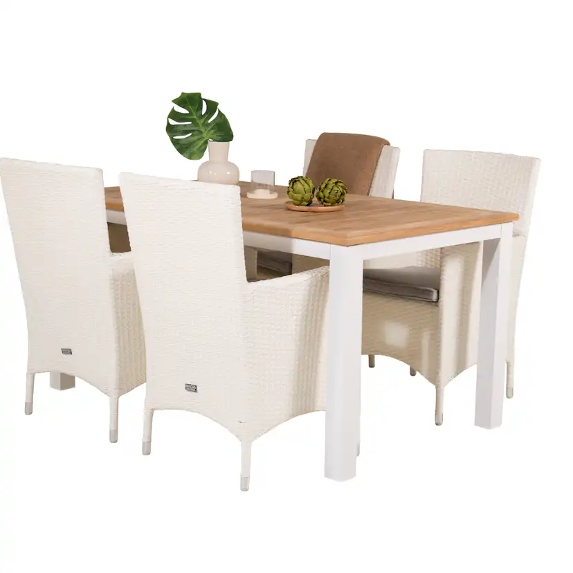 Panama Bord152/210*90-vit/Teak+Malin stol vit/Grå dyna4 Matta Ben