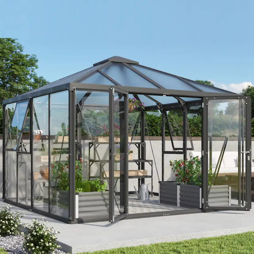 Växthus Vitavia Fortuna Svart Aluminiumstomme med UV-Skyddade Polykarbonatfönster & Härdat Glas, 10,2 m²