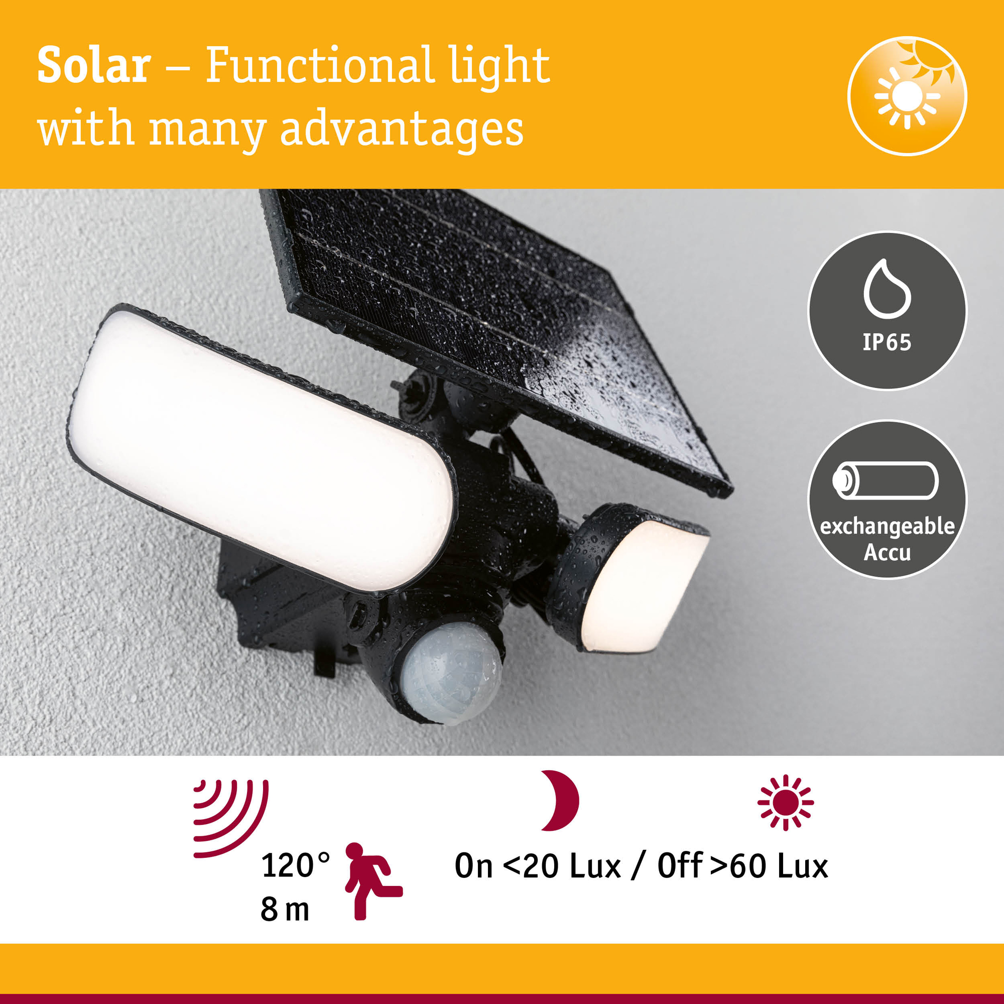 Fasadbelysning Solcell Paulmann Sonlig LED med Skymningsstyrd rörelsedetektor IP65