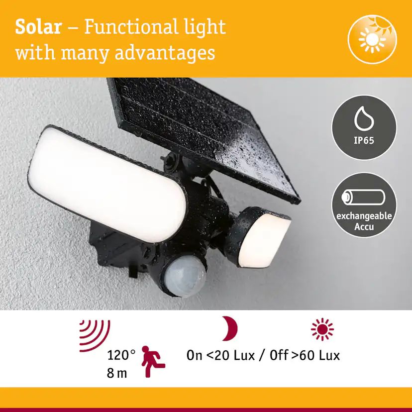 Fasadbelysning Solcell Paulmann Sonlig LED med Skymningsstyrd rörelsedetektor IP65