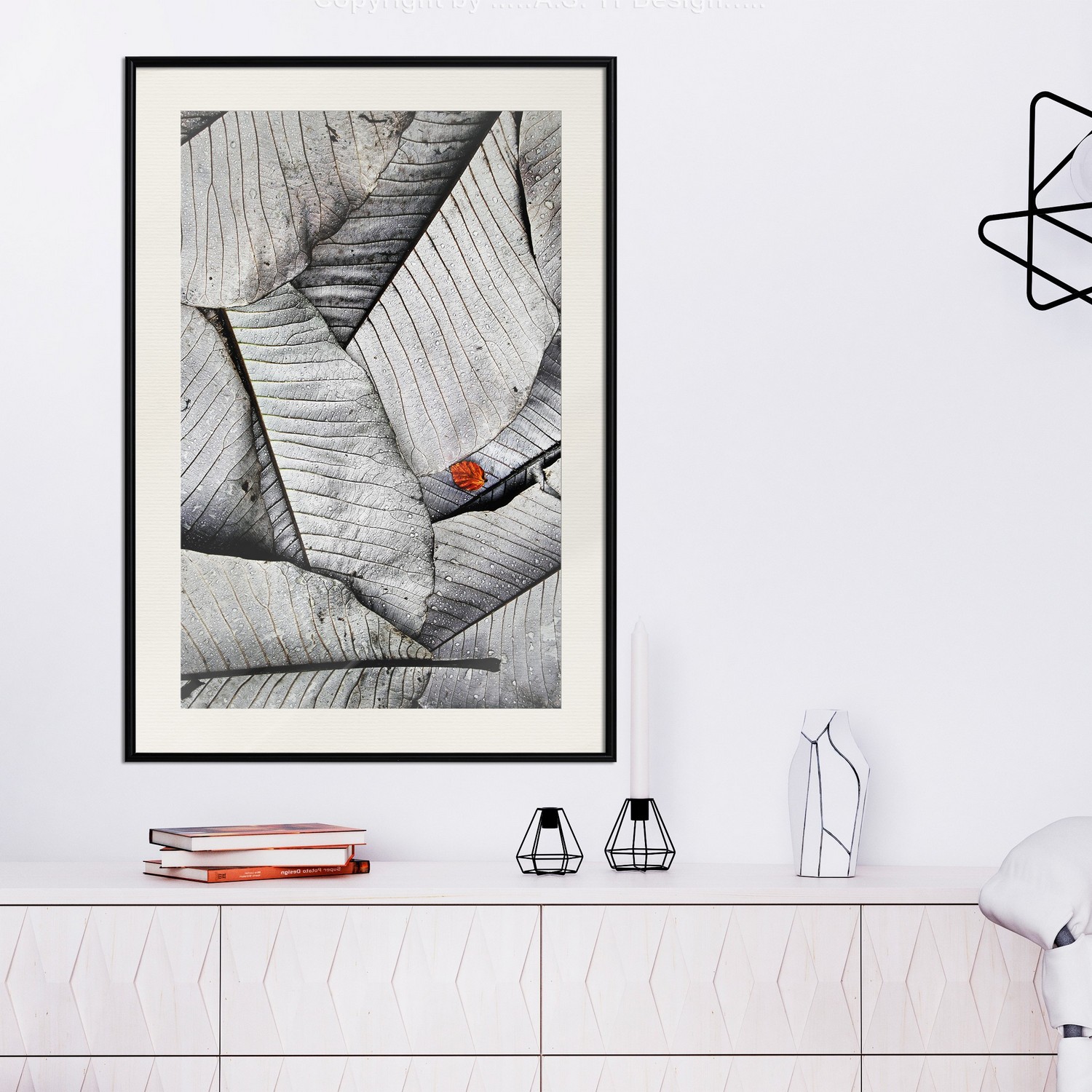Affisch - Black And White Leaves [Poster] 30x45 Svart ram med passepartout, 30x45 cm