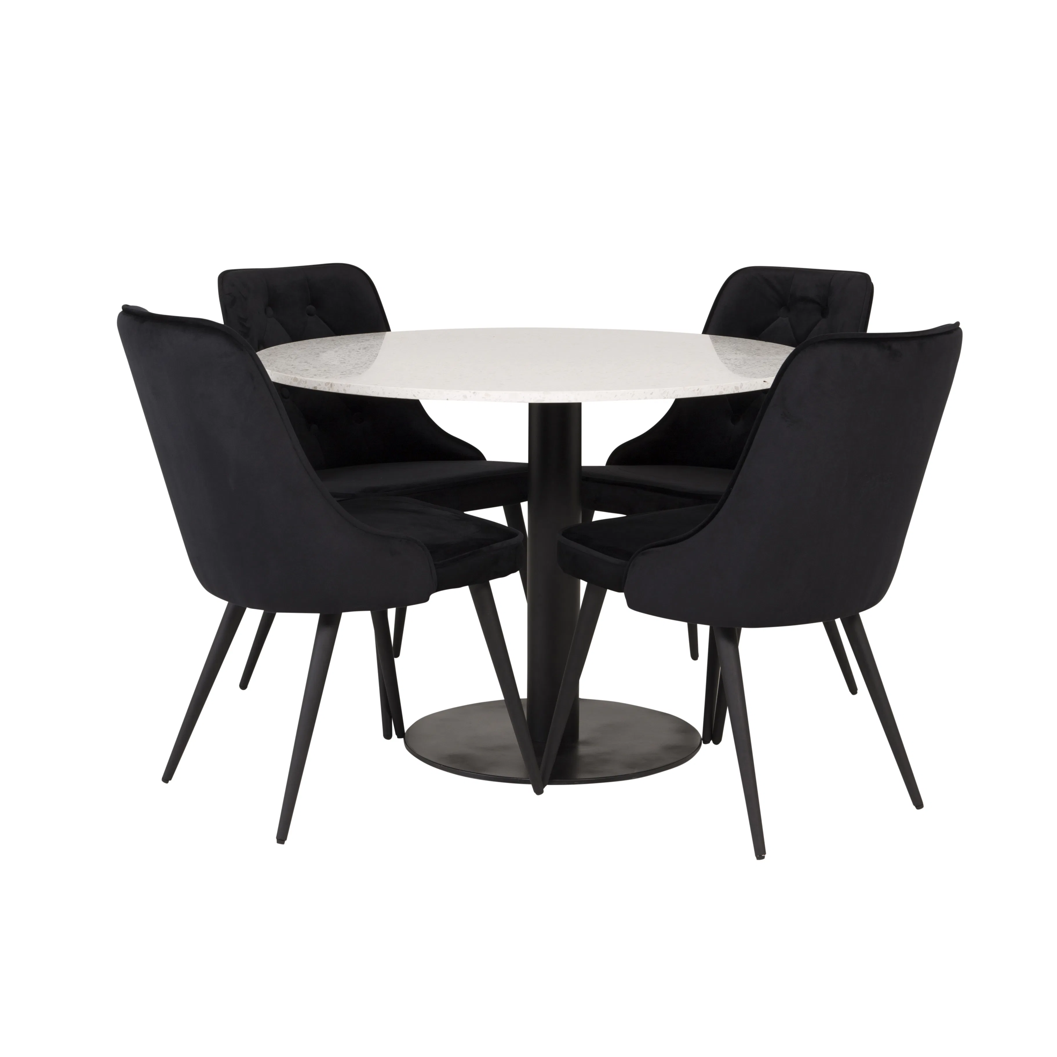RazziaBord106cm-VitTerazzo/Black+DeluxeStol-Black/Black4 Vit Bord med Svarta Ben, Svart Stol med Svarta Ben