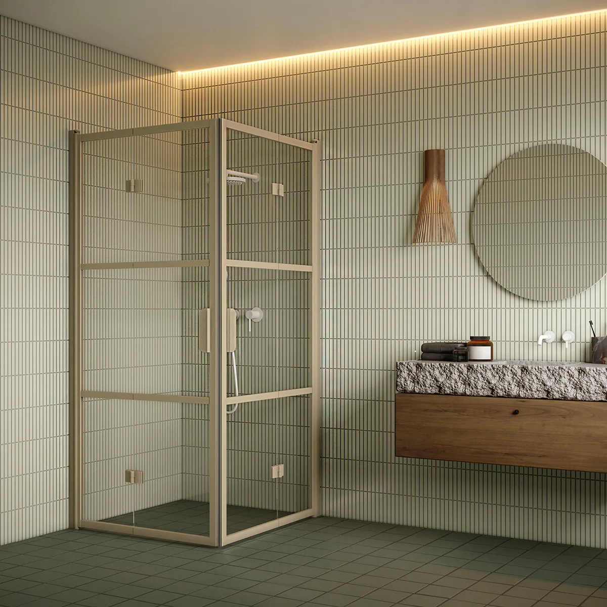 Bläk 89A Tokyo Duschhörn med vikbara dörrar 902 (A) x 902 (B) mm, Klarglas, Sand Profiler