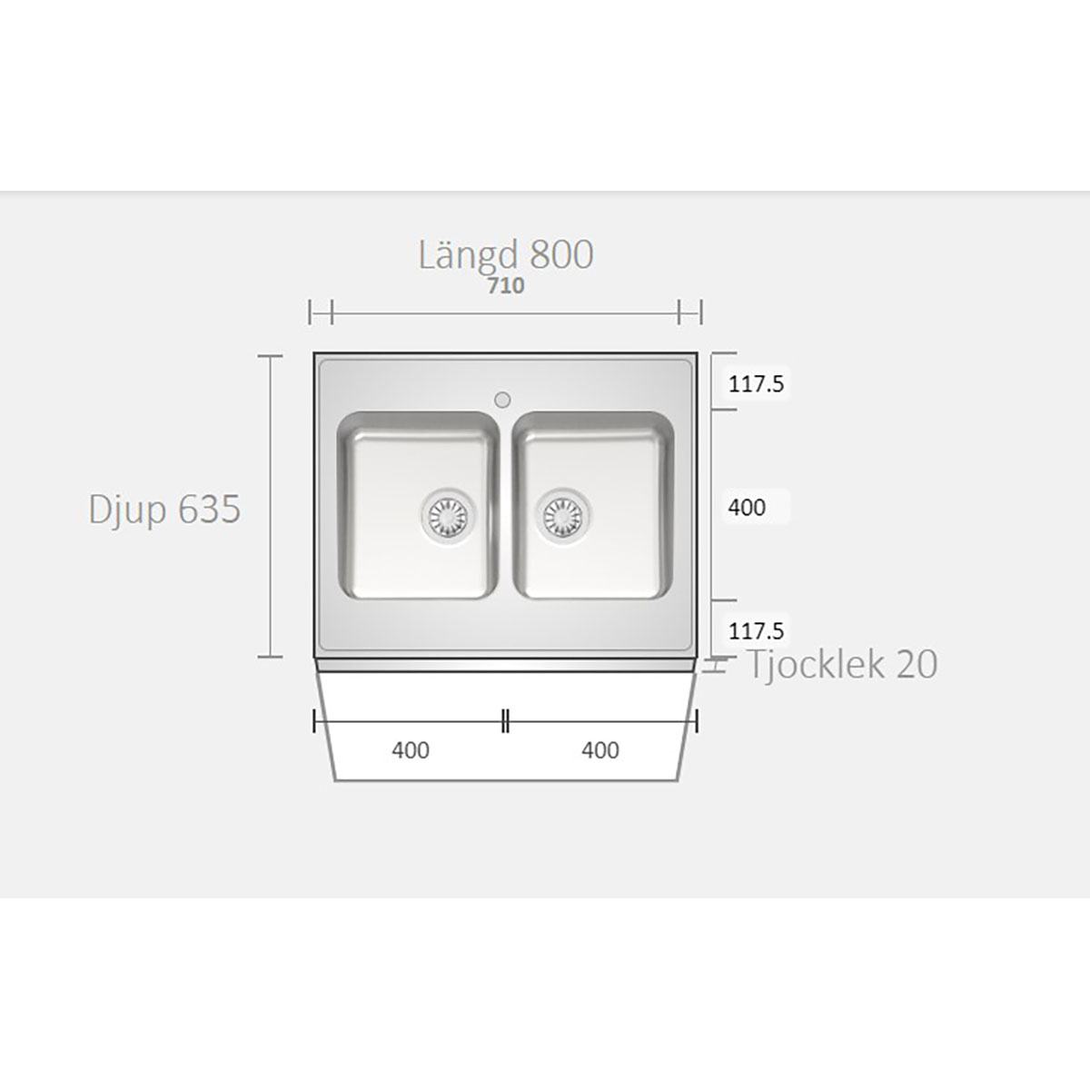 A0800 800x635x20 Bredd: 635 mm, Djup: 20 mm