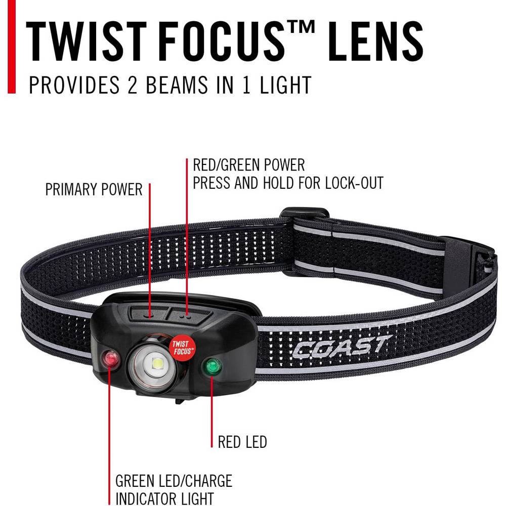 Uppladdningsbar Coast FLX40R Pannlampa med trefärgat ljus 700 Lumen