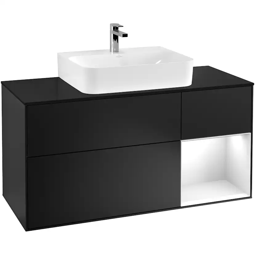 Tvättställsskåp Villeroy & Boch Finion G172GFPD Svart Mattlack/Vit Högblank med bänkskiva i Mattsvart glas med Väggbelysning, Lucka Höger