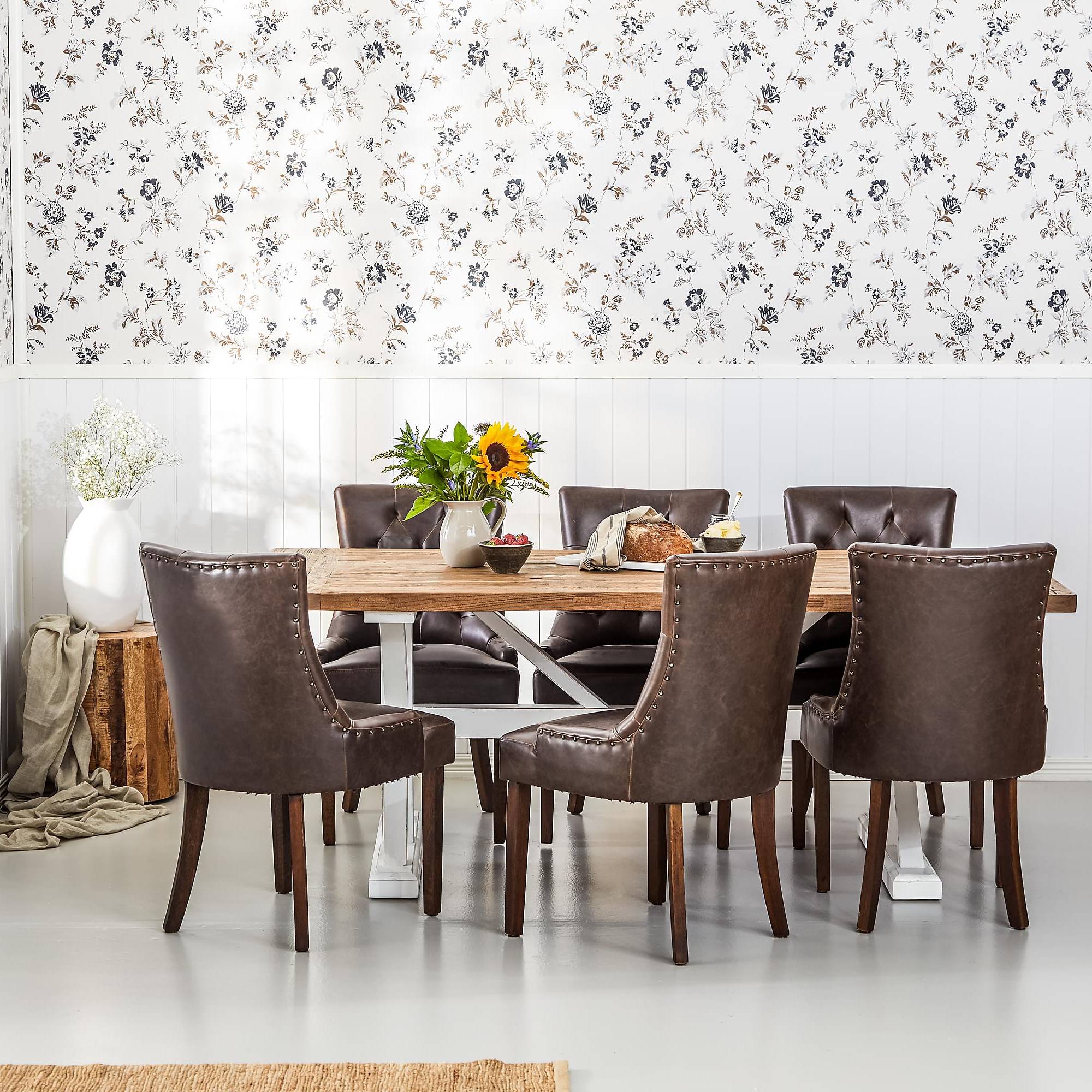 Matgrupp Bloomington Lyon Rektangulärt Matbord 200-290 cm Förlängningsbartt Vit Bas med 6 Tuva Matstol