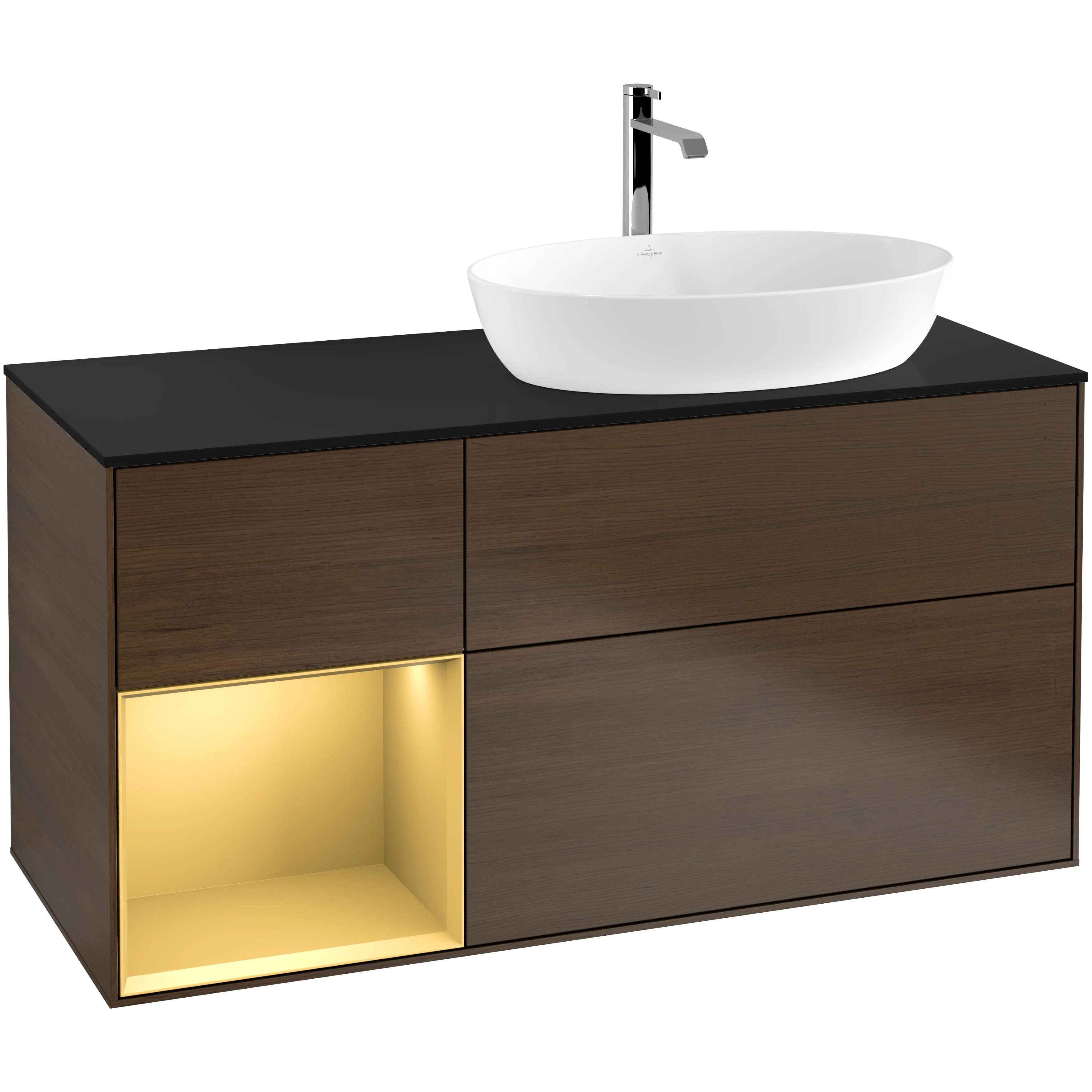 Tvättställsskåp Villeroy & Boch Finion G802HFGN Valnötsfanér/Guld Mattlack med bänkskiva i Mattsvart glas med Väggbelysning, Lucka Vänster Med Blandarhål