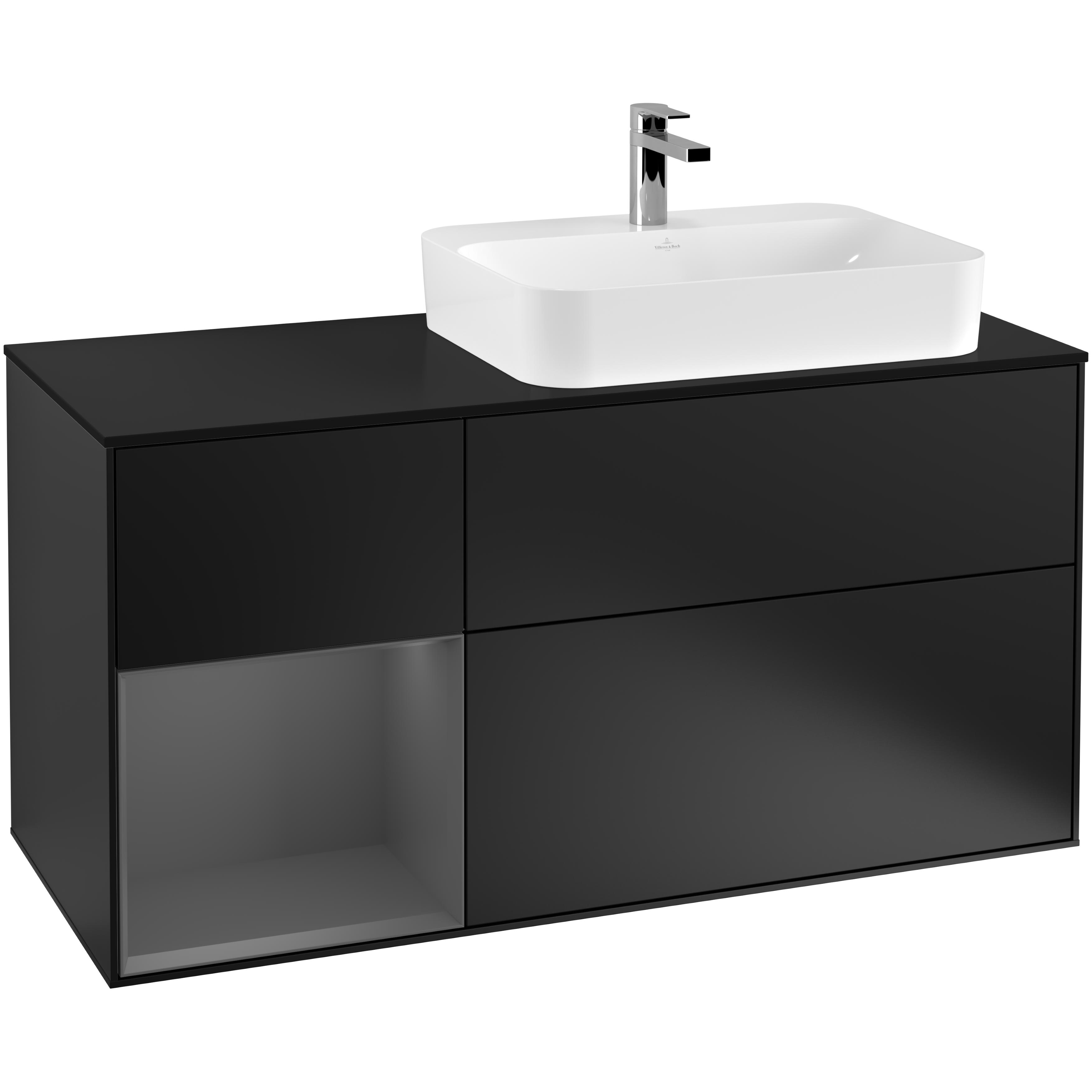 Tvättställsskåp Villeroy & Boch Finion F392GKPD Svart Mattlack/Antracitgrå Mattlack med bänkskiva i Mattsvart glas, Lucka Vänster