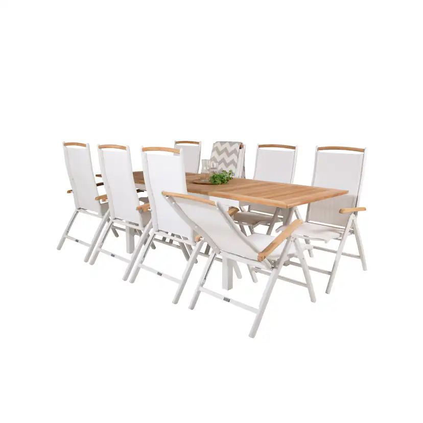 Panama Bord160/240*90-vit/Teak+Panama stol5:pos-vit/vitTeak8 Teak Bord med Vita Ben, Vit Stol