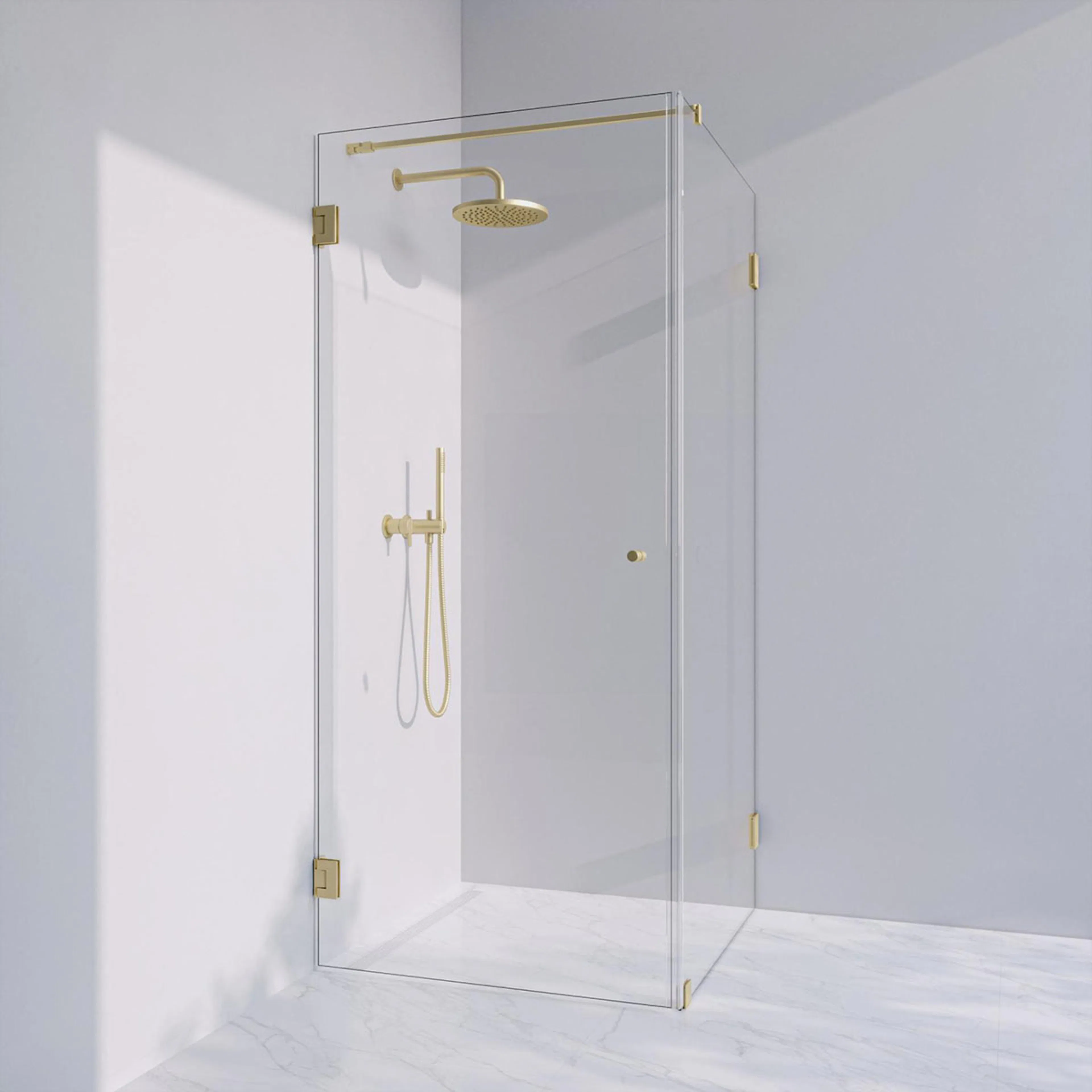Invitrea Flair GH21/Högerhängd/90x90/Blank mässing/Räfflad k Storlek: 900x900 mm, Glastyp: Klarglas Järnfattigt, Profil: Blank Mässing, Handtag: Räfflad knopp, Hängning: Högerhängd