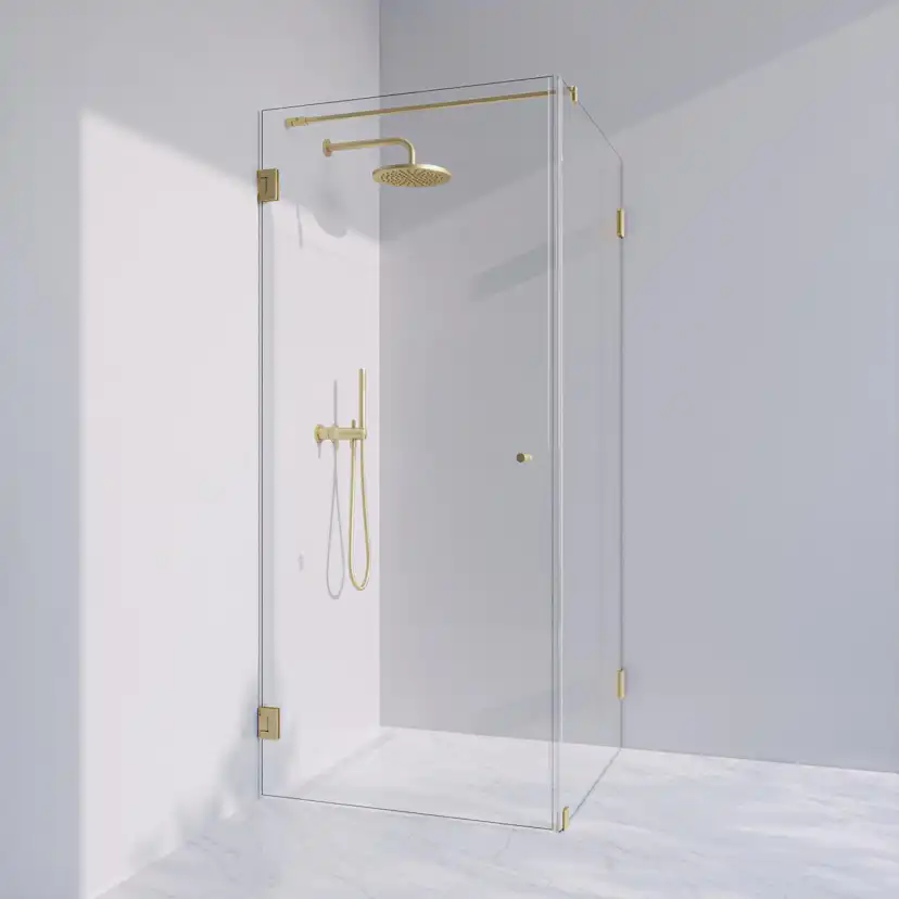 Invitrea Flair GH21/Högerhängd/90x90/Blank mässing/Fingergre Storlek: 900x900 mm, Glastyp: Gråtonat Glas, Profil: Blank Mässing, Handtag: Fingergreppsknopp, Hängning: Högerhängd