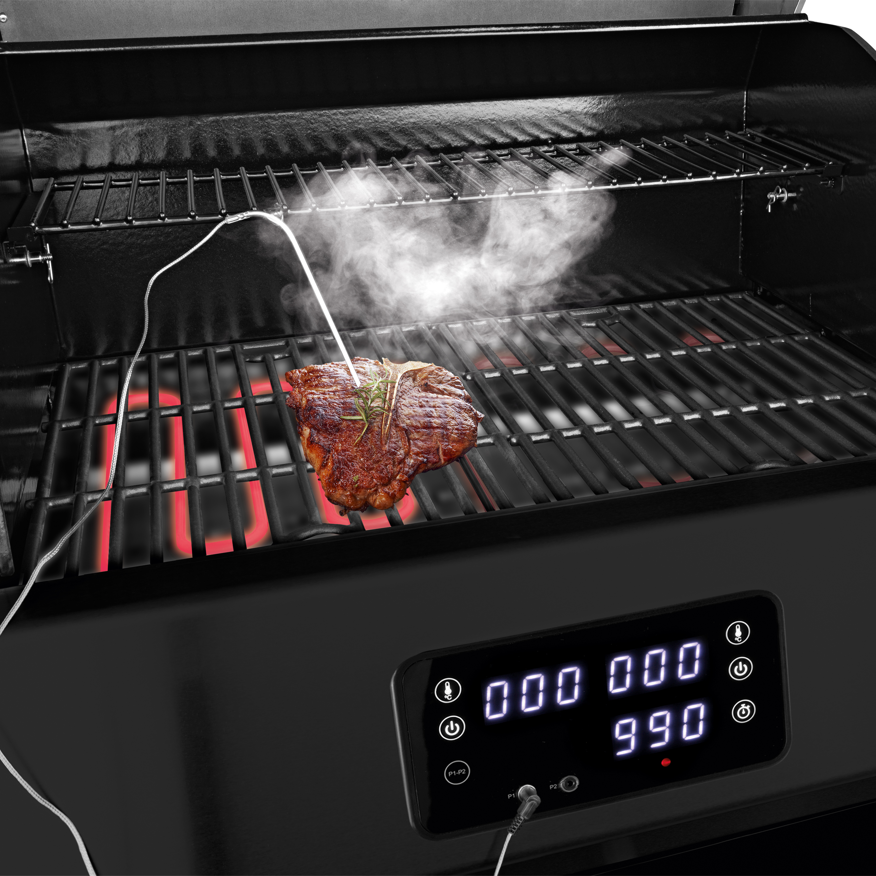 Elgrill Landmann 1192 Black 2023 med Gjutjärnsgaller med Inbyggd Termometer & Sidobord