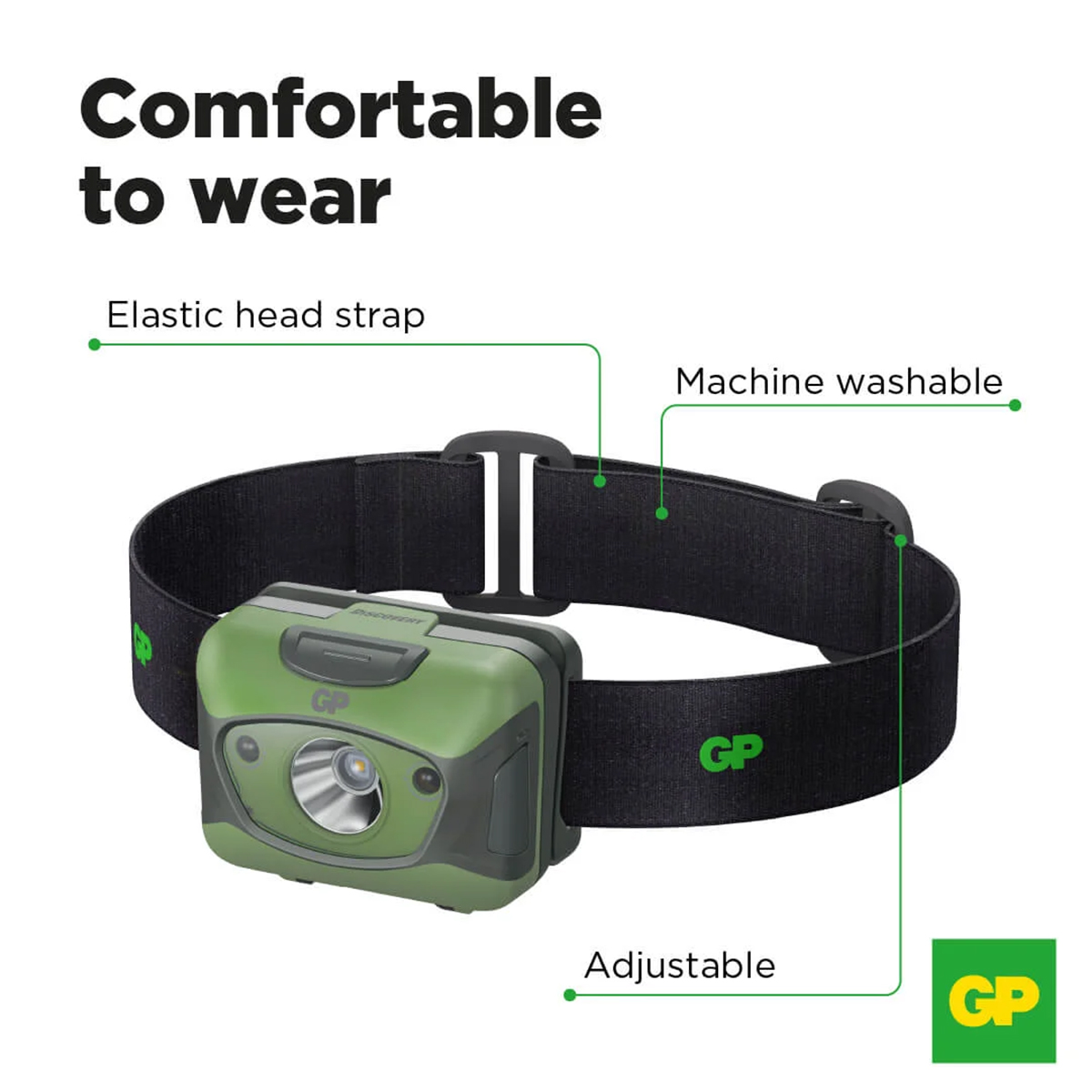 Laddningsbar Pannlampa GP Batteries Discovery CHR41 300lm Grön/Svart