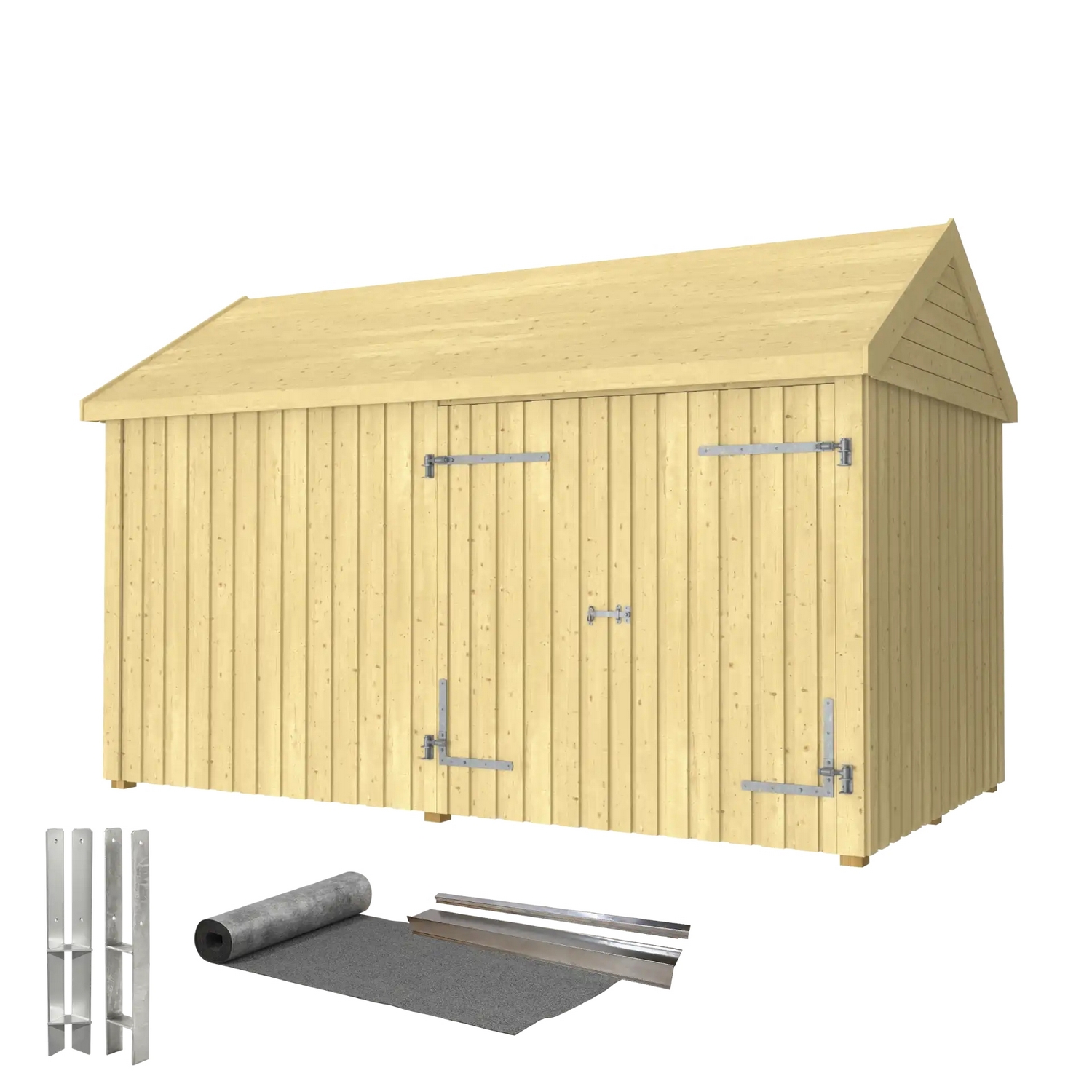 Classic Multi Trädgårdshus 10 m² - 2 moduler med dubbeldörr Med takpapp, aluminiumslister och H-stolpfötter