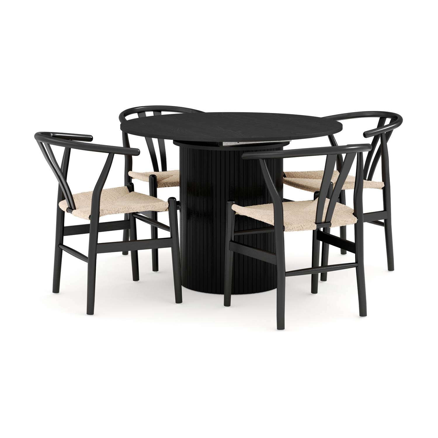 Matgrupp Bark Kopparbo Runt Matbord 106-156 cm Svart Förlängningsbartt med 4Dastoori Matstol