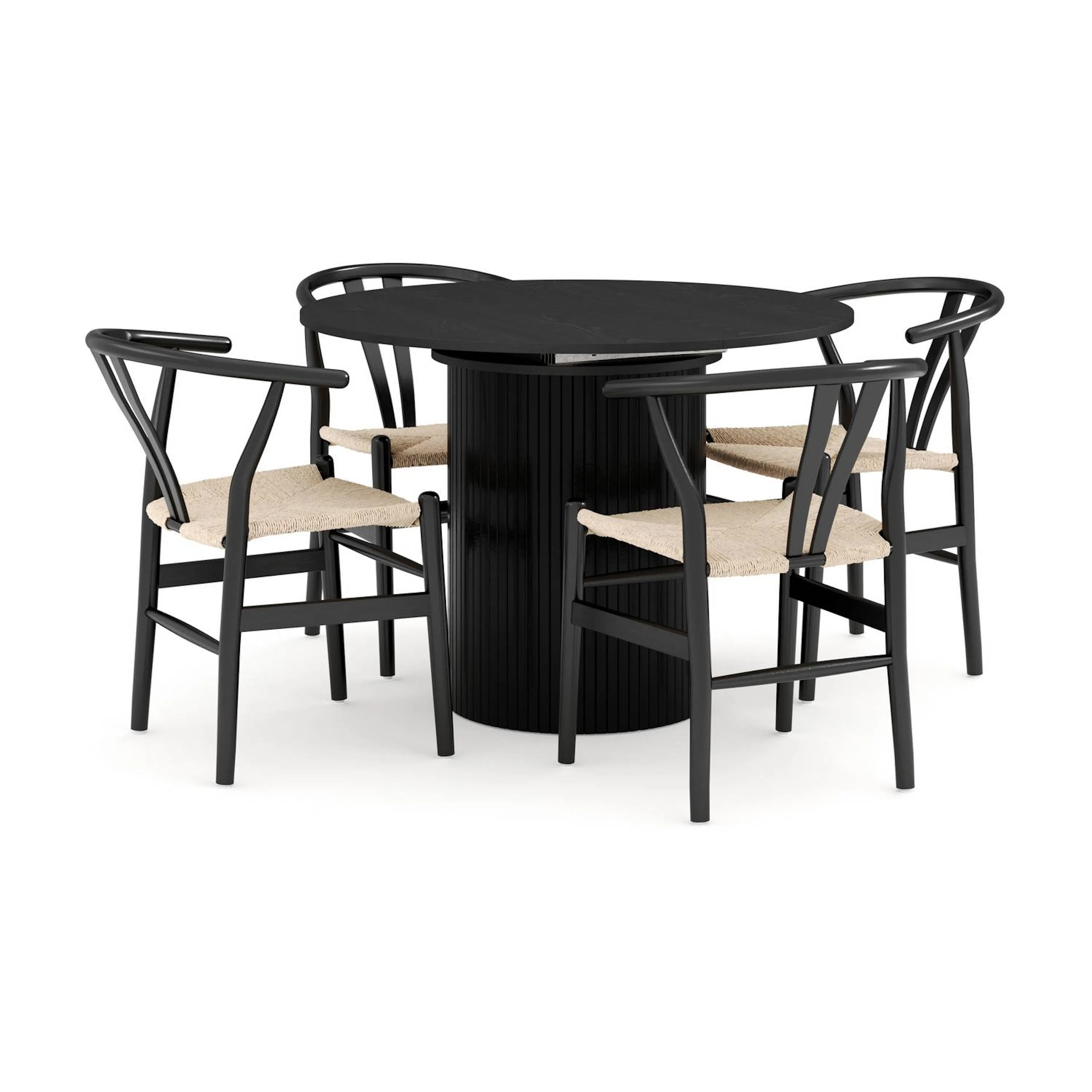 Matgrupp Bark Kopparbo Runt Matbord 106-156 cm Svart Förlängningsbartt med 4Dastoori Matstol