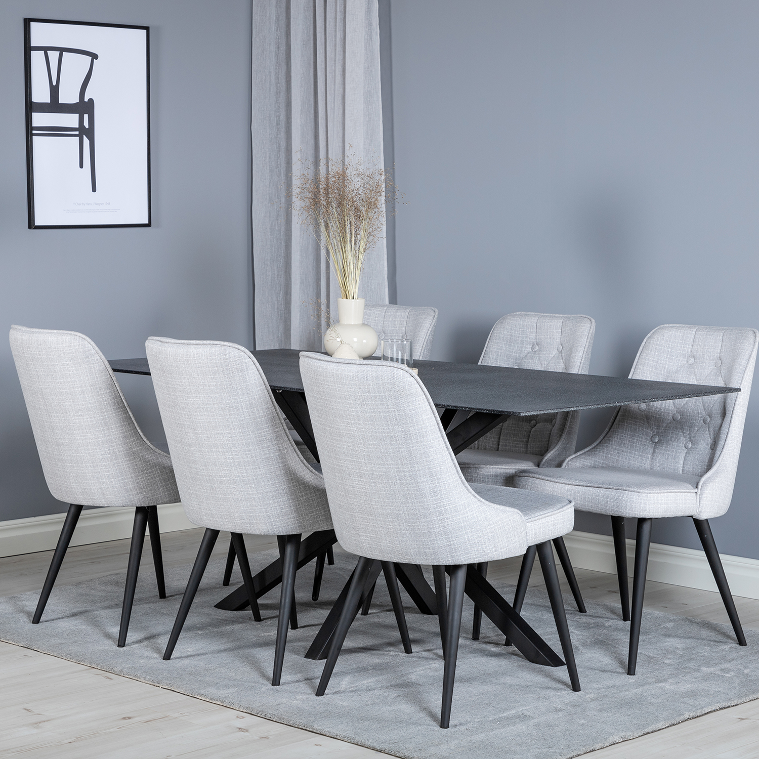 Piazza Dining Table 180x90 cm+Velvet Deluxe Dining Chair Grå/Svart/Ljusgrå